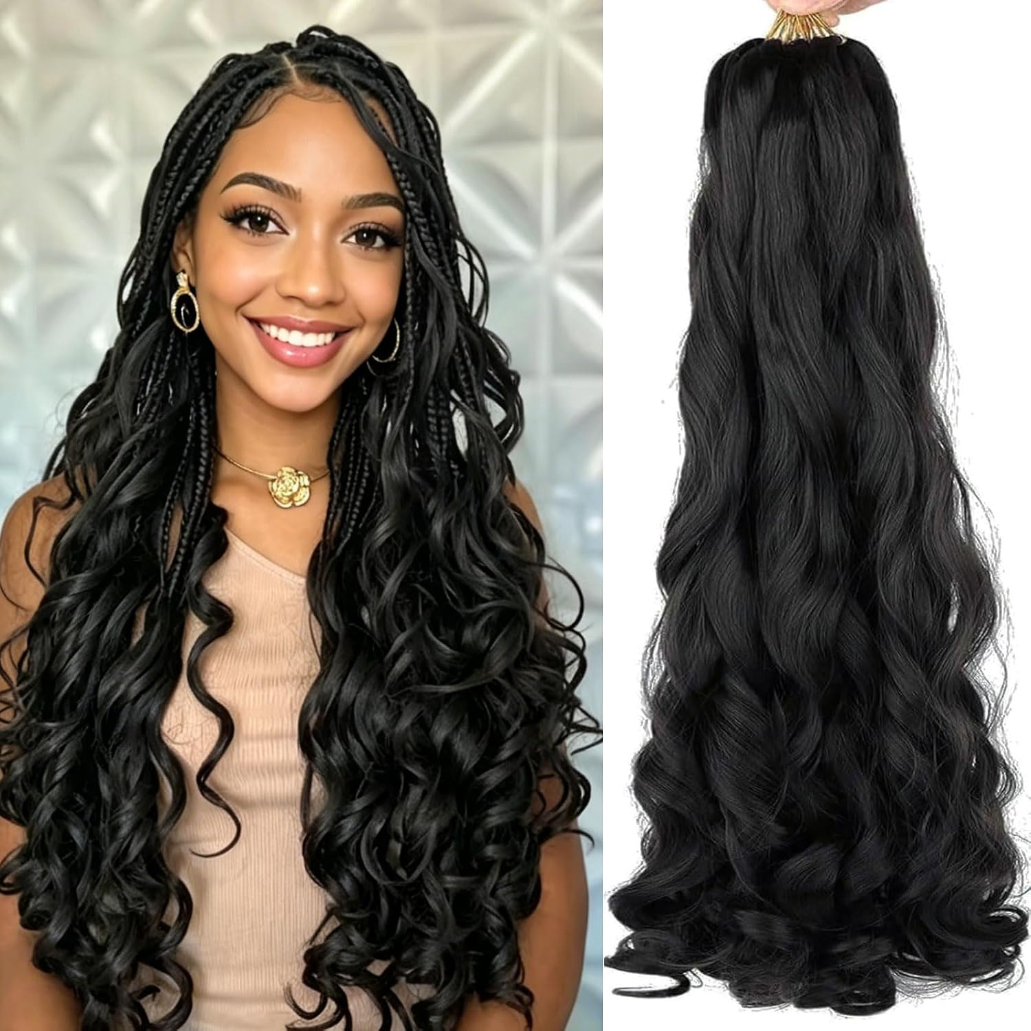 French Curl Braiding Hair 24 Inch Loose Wavy Pre stretched 8 Pack Black Bouncy Braiding Hair French Curls Crochet Hair for Black Women Synthetic Hair Extensions 1b