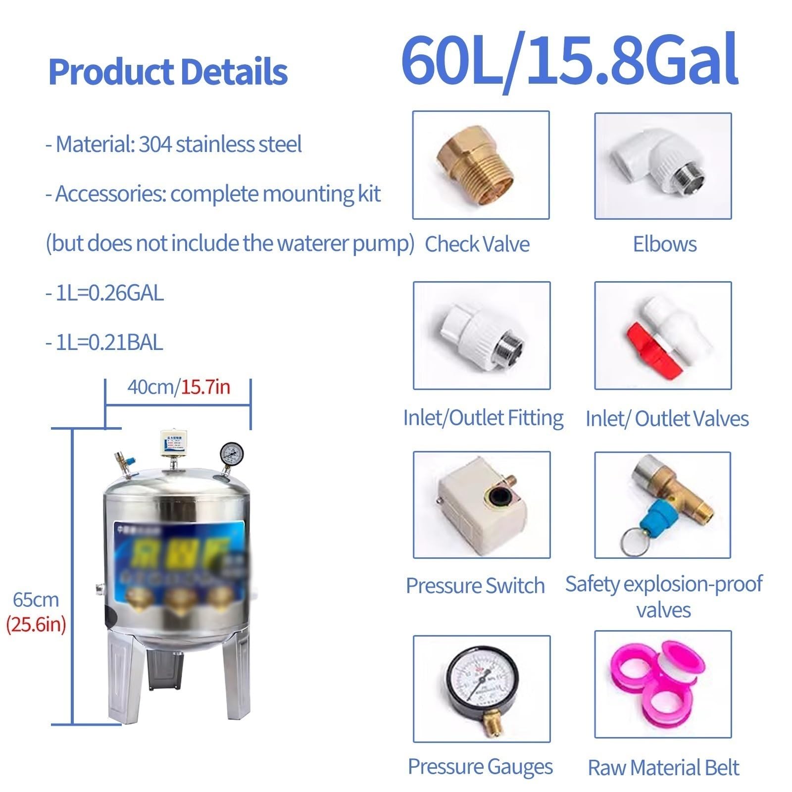 JYHHCYS Vaso de expansión Tanque De Agua De Pozo Vertical, 60 100 160 200 250 300L Tanque De Almacenamiento De Agua De Pozo Totalmente Automático con Válvula(60 L/15.8 GAL)