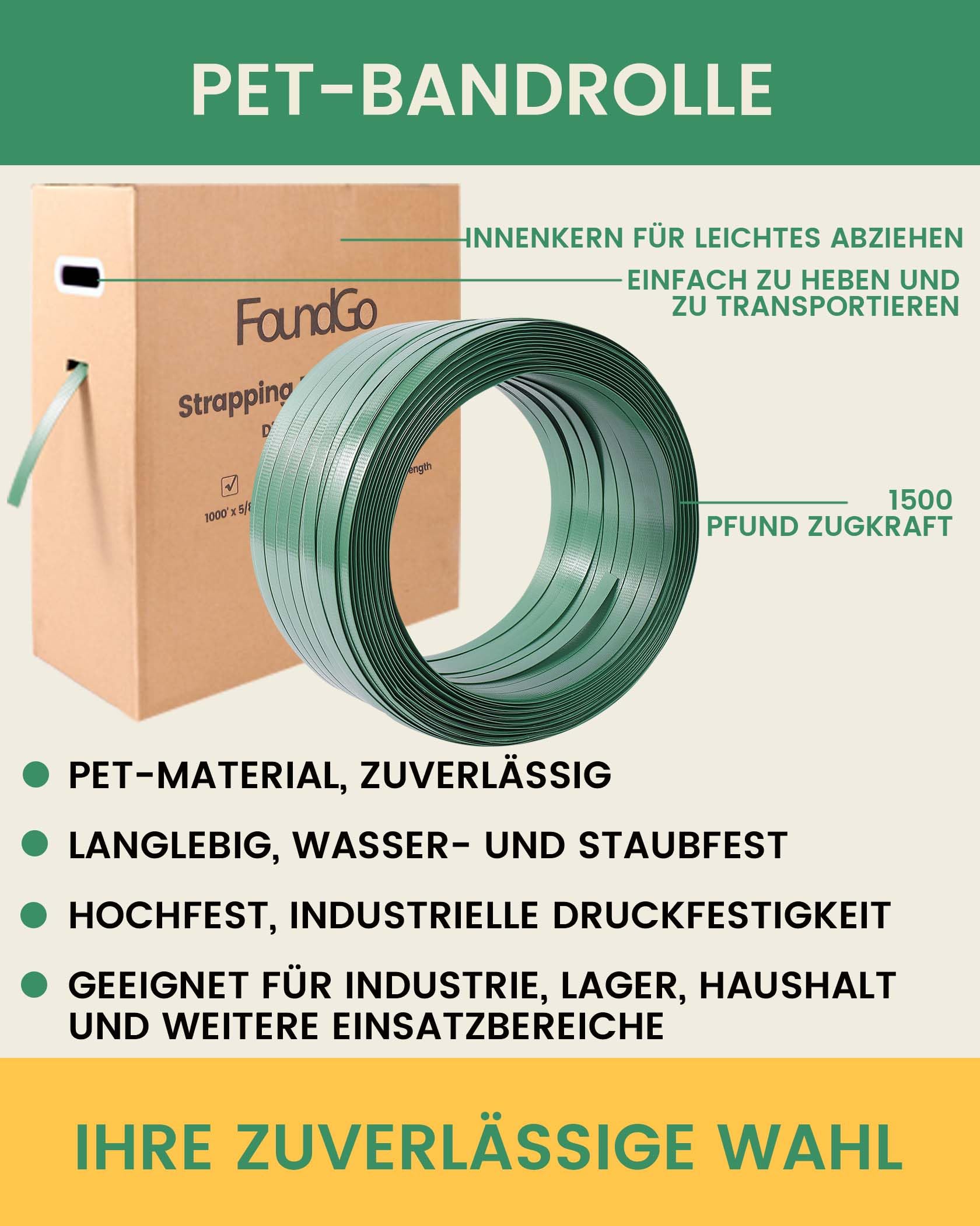 FoundGo Rouleau de cerclage vert en polyester (PET) de qualité industrielle, 1,6 cm de large x 304,4 m de long, résistance à la rupture, durable, imperméable et antirouille avec sa propre boîte