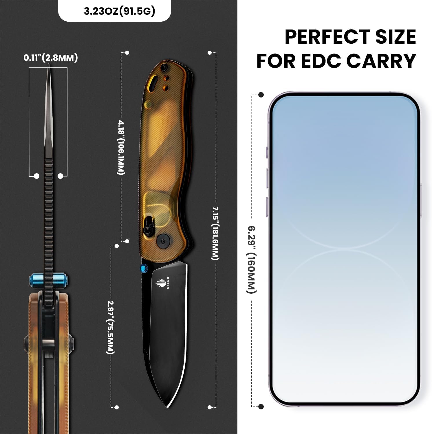 Kizer Drop Bear EDC Klappmesser, Nitro-V Klinge Taschenmesser V3619A2 | 7,55cm Drop Point Klinge Klappmesser mit PEI Griff umd Daumenschraubenöffner Kupplungsverschluss für Männer Frauen Geschenk