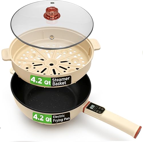 NutriChef Sartén eléctrica 2 en 1 y vaporera de 8 cuartos de galón  Sartén antiadherente portátil para cocinar  Mango duradero seguro al calor