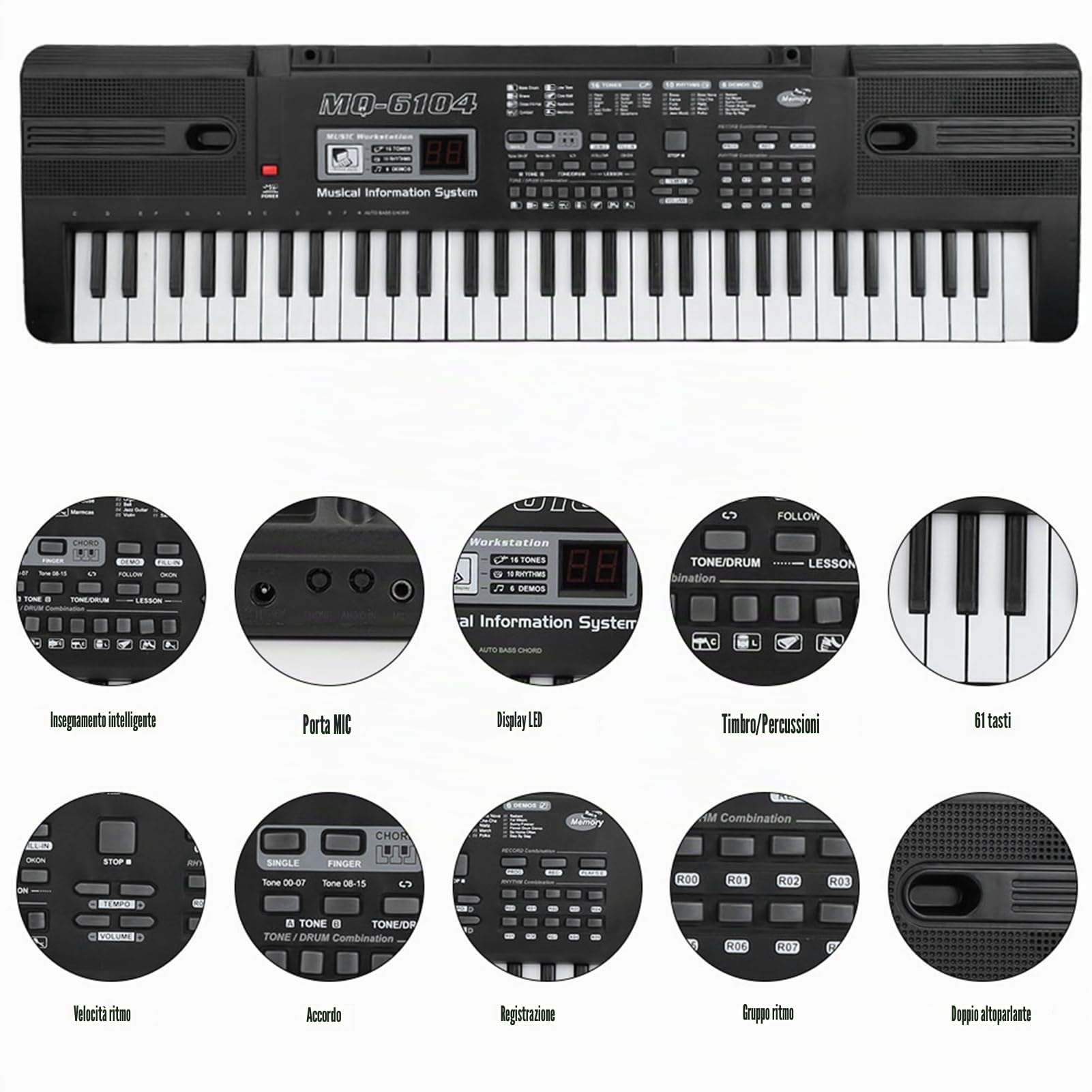 WakectsPianoforte digitale portatile con leggio, tastiera ricaricabile a 61 tasti, 16 suoni, 8 effetti sonori, 10 ritmi, 6 demo, ritmo e volume regolabili