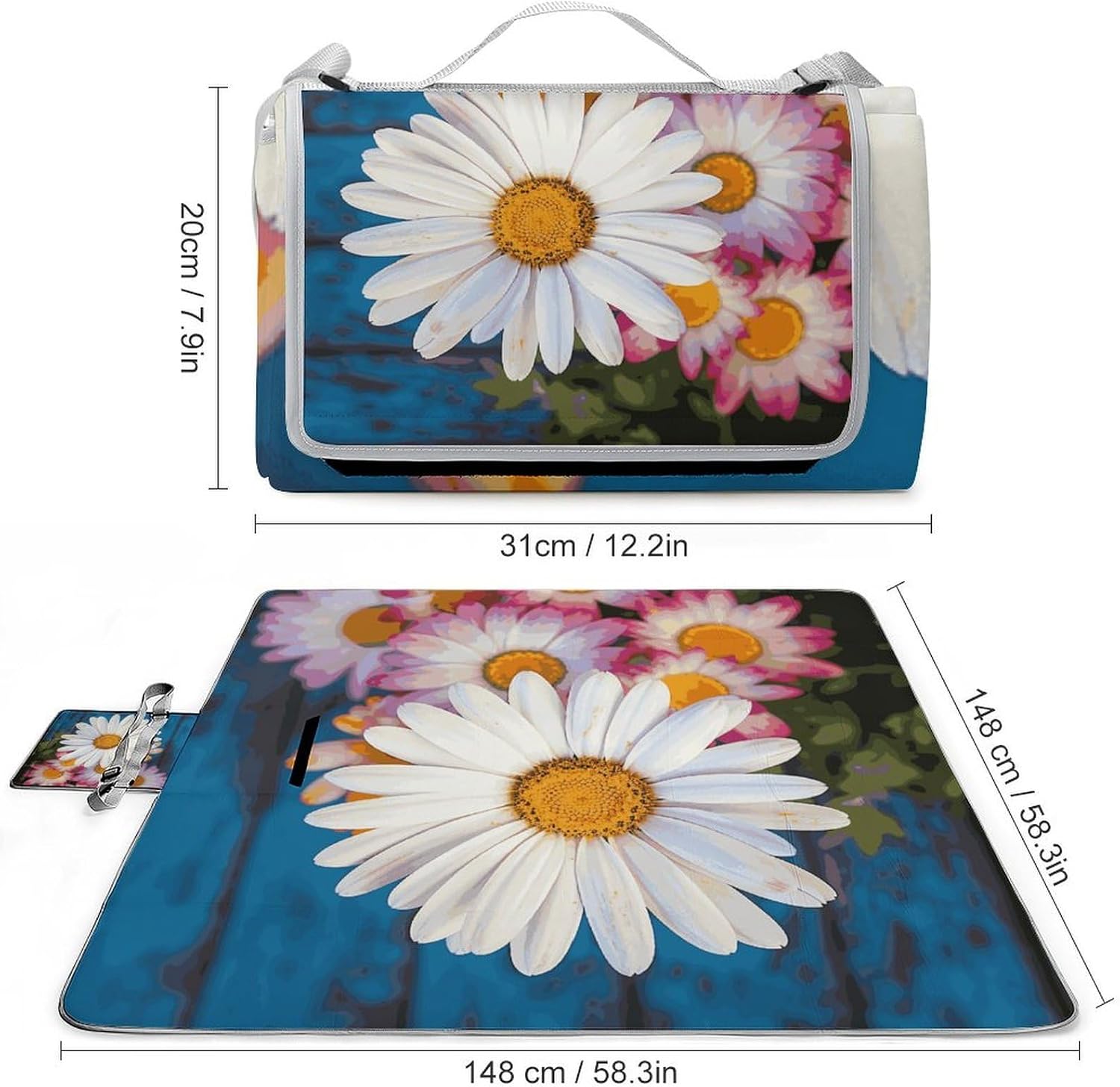 Barberton Daisy Waterproof Picnic Blanket 58.3''x58.3'',Portable and Foldable Picnic Mat with Handle,Outdoor Blankets for Lawn Park Beach Travel