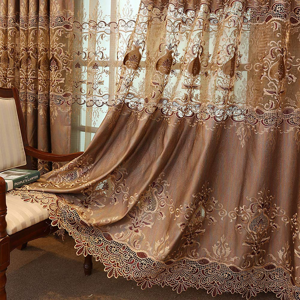 Rideau brodé de luxe floral jacquard marron pour salon et chambre 300x270cm