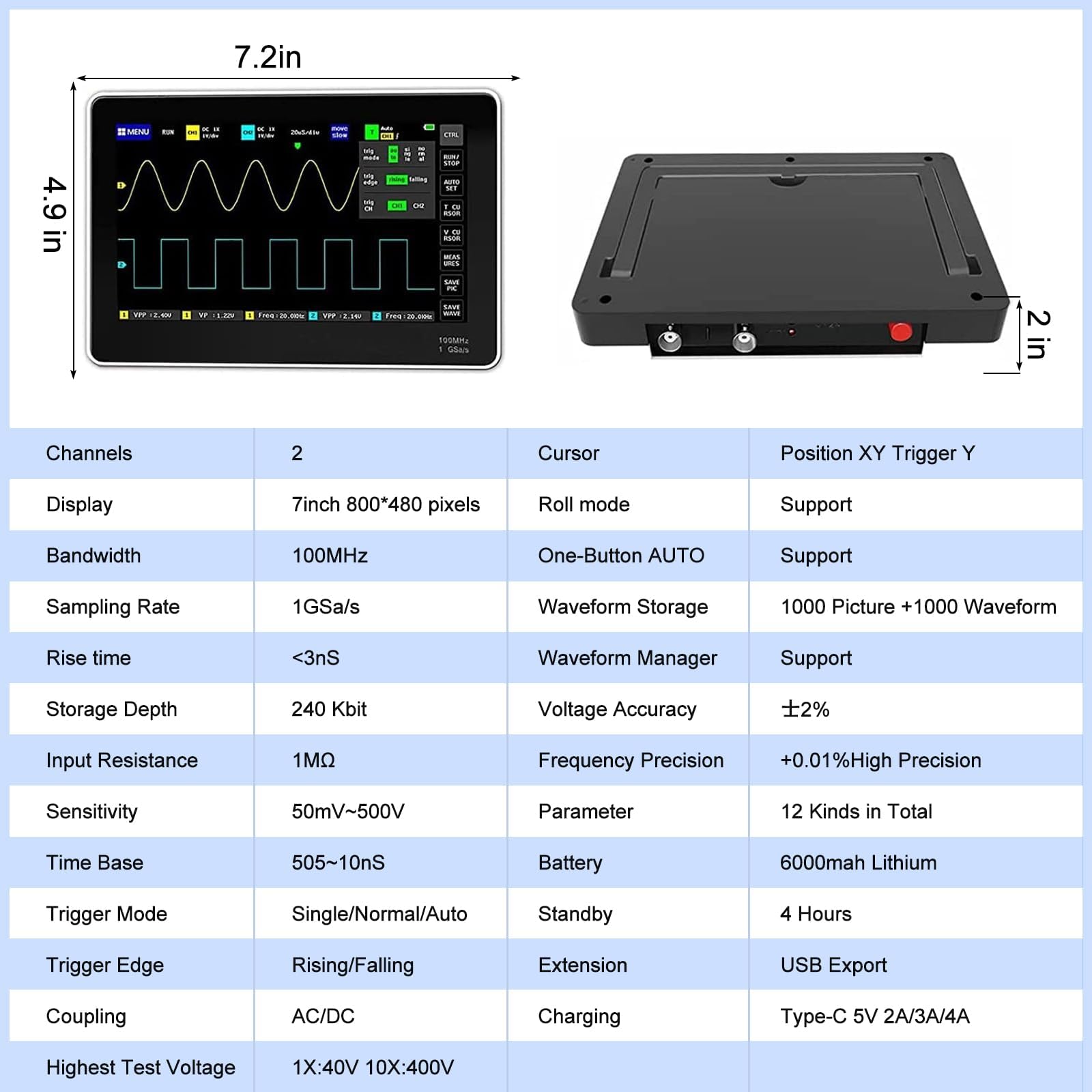 Digital Oszilloskope Handheld, AOPUTTRIVER T4-1013DE Digitales Oszilloskop 100 MHz Bandbreite mit 2 Kanälen, 1GSa Abtastrate, 7" großer Touchscreen, 1 GB Speicher