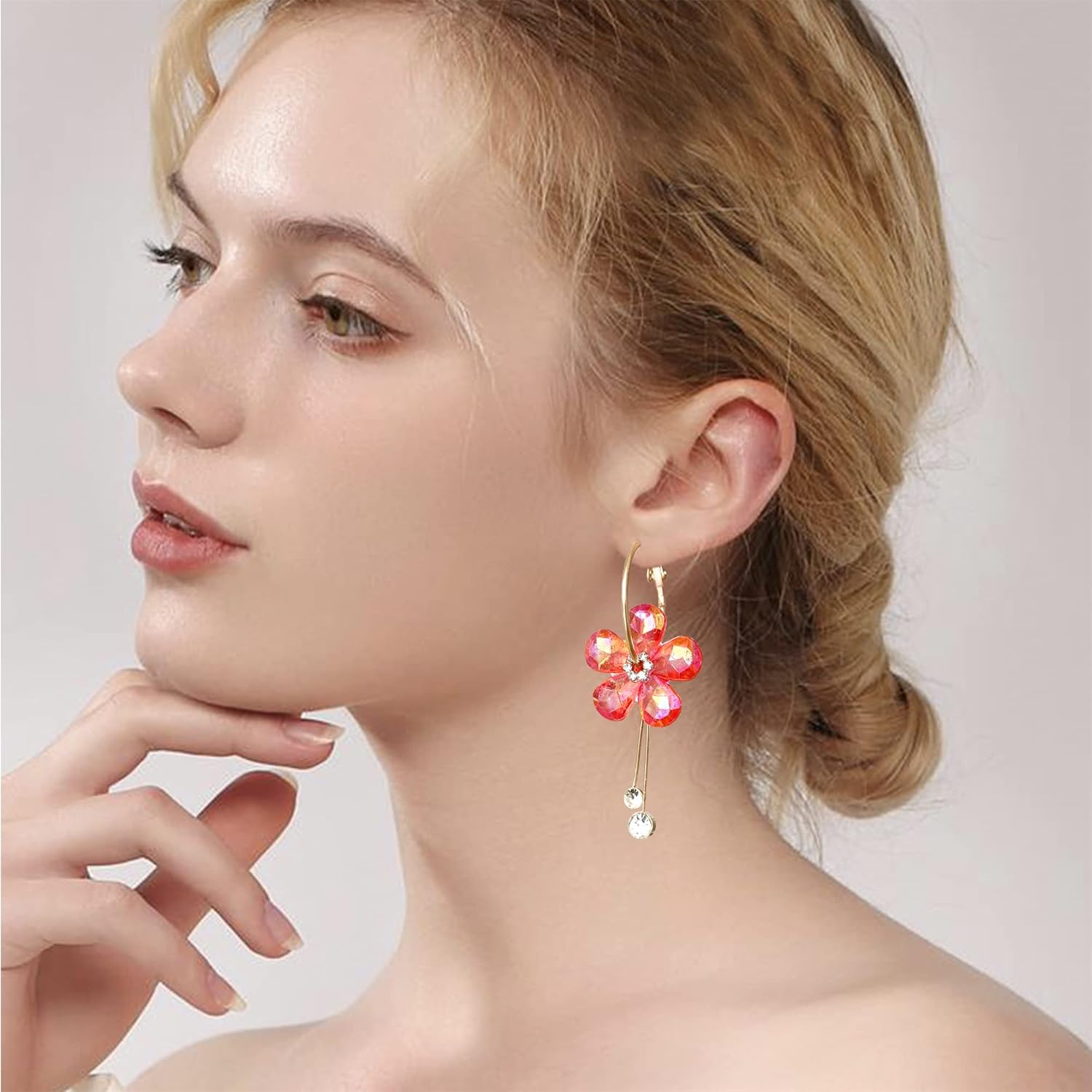 Unique Lightweight Bohemian 18k Gold Acrylic Crystal Flower Dangle Drop Earrings Handmade Charm Chic Cute Flowers Leaf Hoop Earrings for Women Vacation Wedding - Image 4