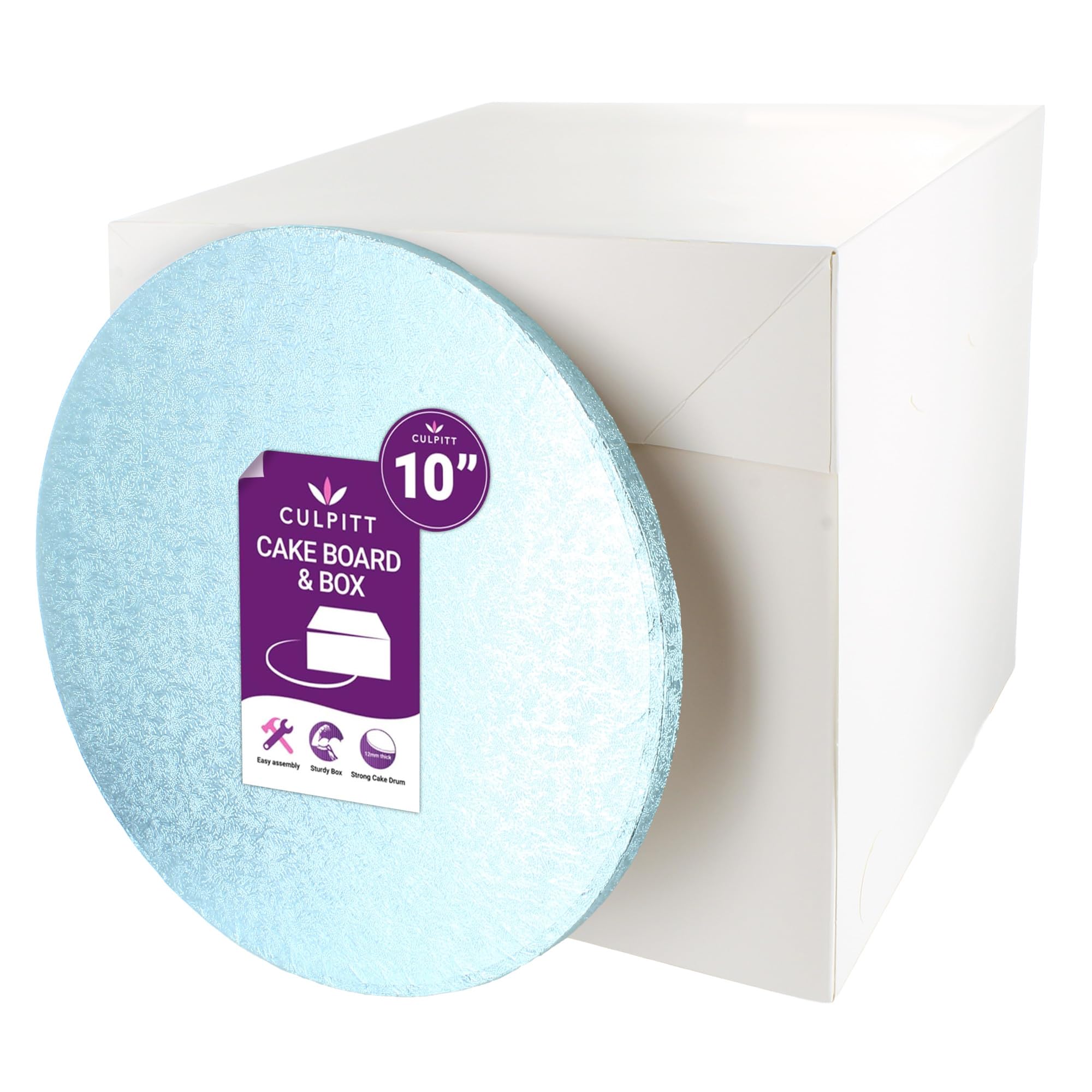 Culpitt Light Blue Board & Tall Box Set | 10" | Tall White Cake Box & Coloured Drum, Box And Colourful Cake Board, Storage & Transport Combo For Decorated & Tiered Cakes