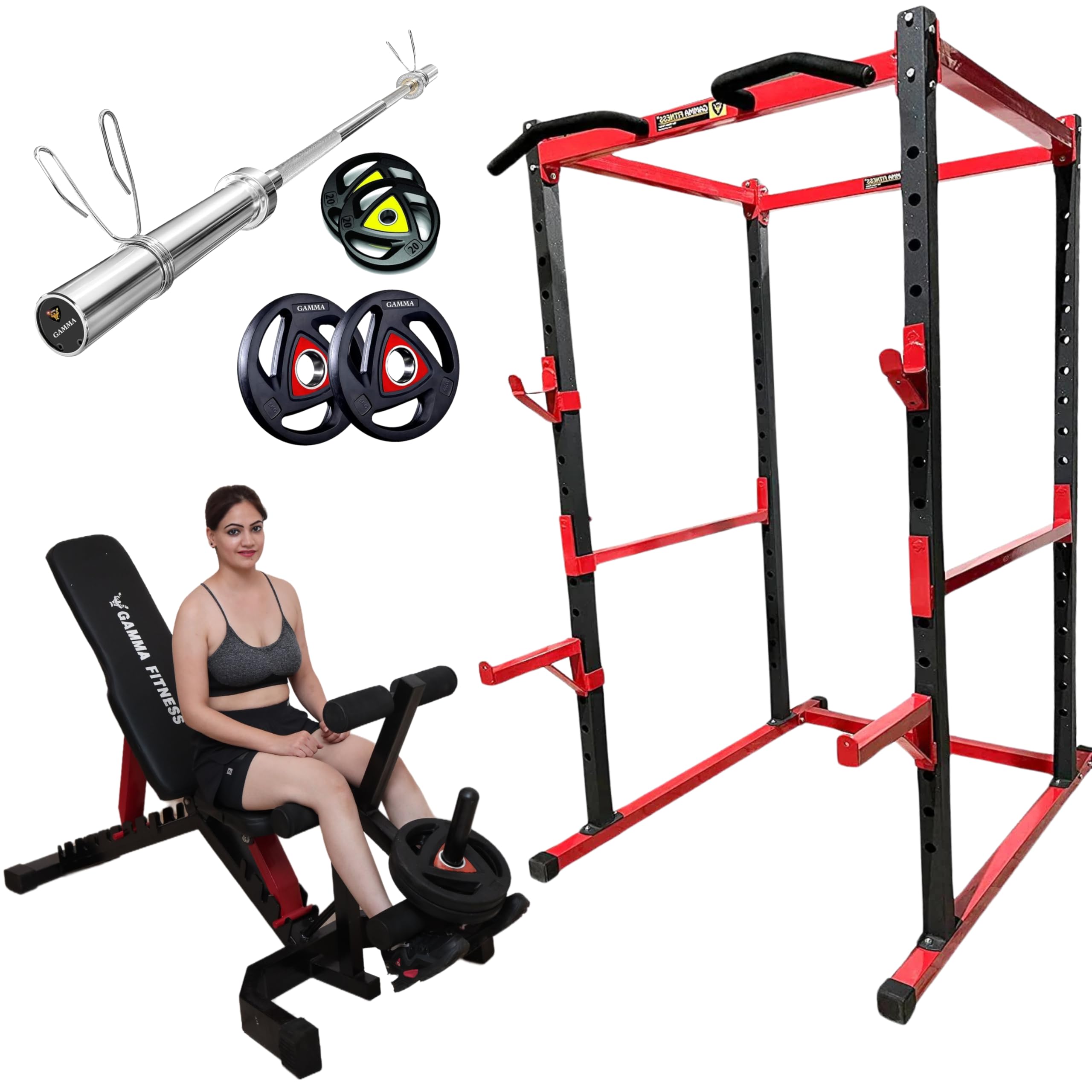 Gamma Fitness Power Squat Rack PR-04 Combo with Olympic 7 Feet Barbell, Adjustable Bench MB-400 & Rubber Coated Weight Plates (40 Kg)-picture-30