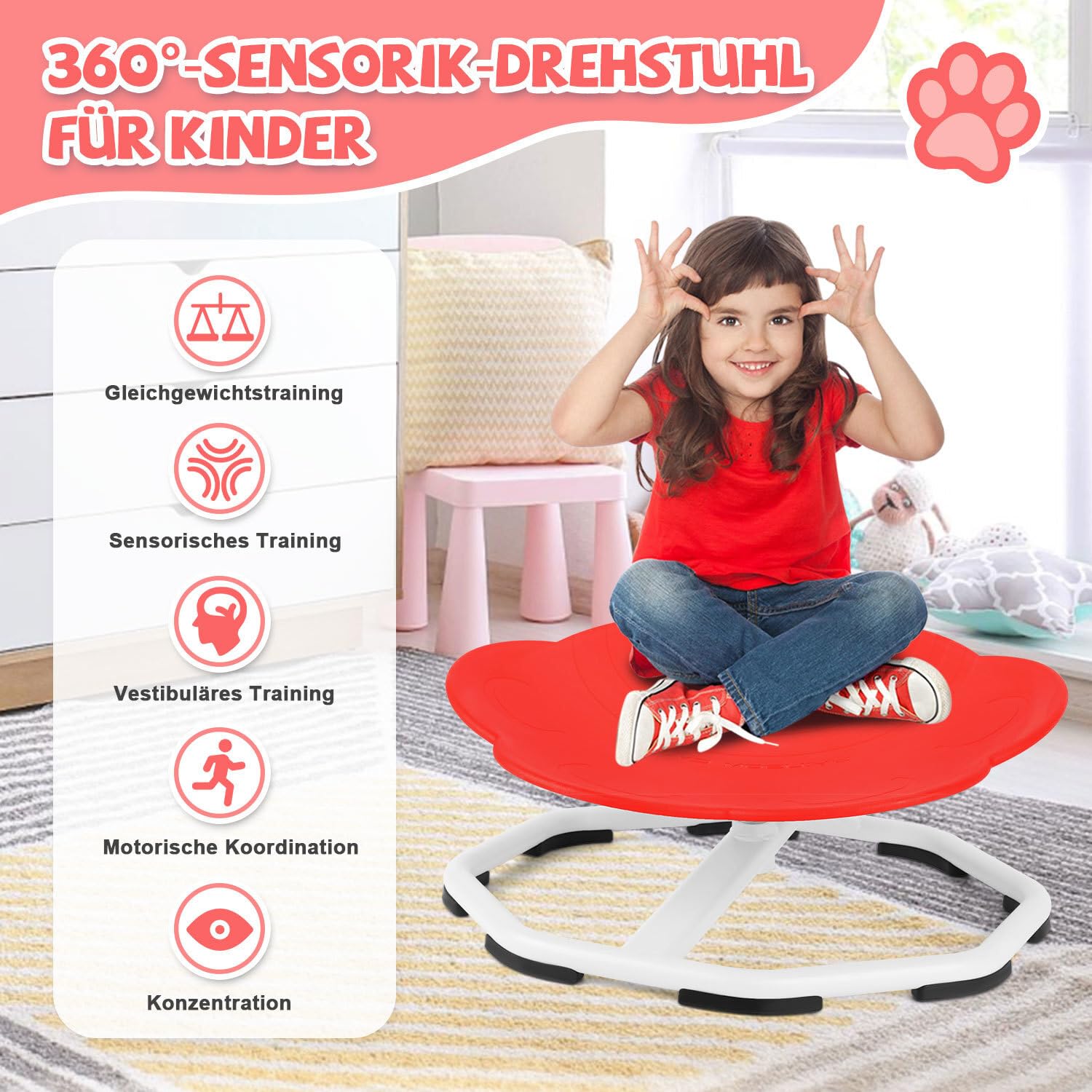 Chaise pivotante sensorielle pour enfant à 360° - Balance silencieuse - Avec plateau basculant sûr - Siège ergonomique et design pattes de chat - Jouet sensoriel pour garçons et filles