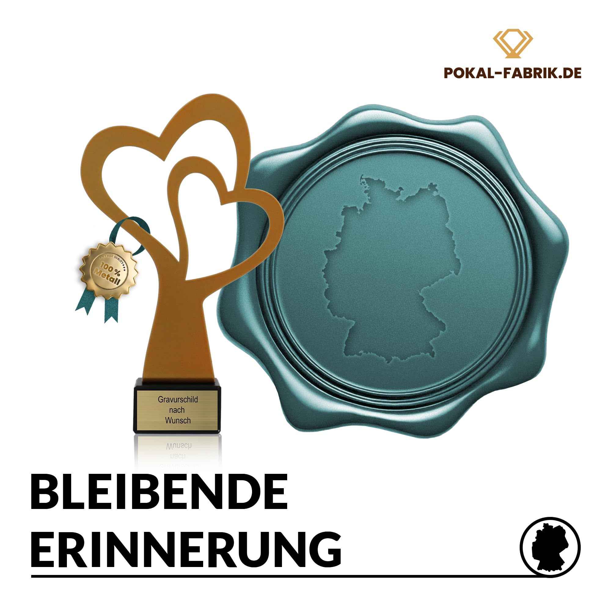 Pokal-Fabrik - Goldener Herz Pokal 21 cm aus Metall mit Gravur - Geschenk-Trophäe mit Herz-Silhouette & Steinsockel - Personalisiertes Geschenk - Muttertagsgeschenk | Hochzeitsgeschenk