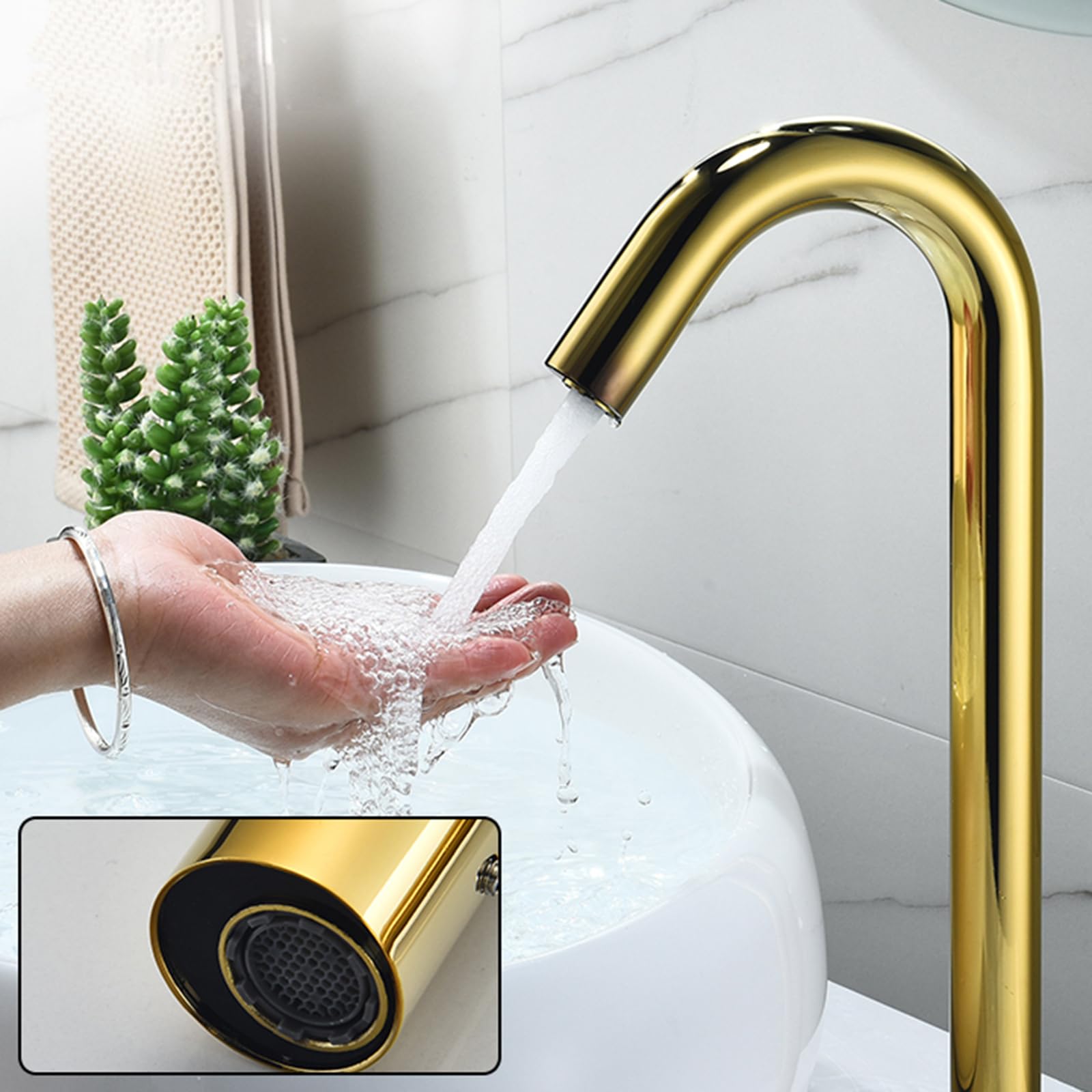 XJTNLB Grifo Lavabo Sensor Automático Grifo Automatico Baño Caño Cuello de Cisne Griferia Baño Agua Fría y Caliente,Oro,Alto