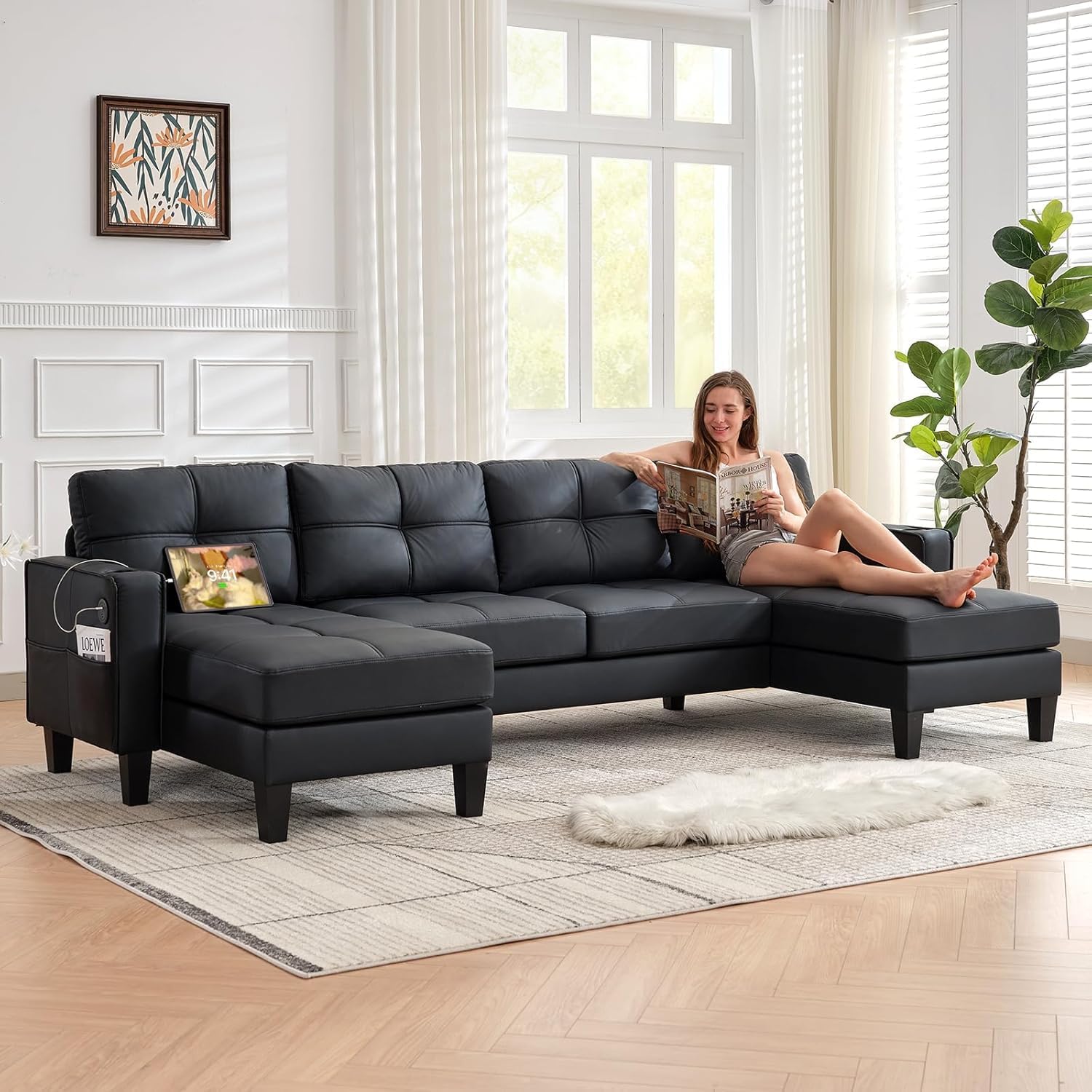 TYBOATLE 116" Black Faux Leather U-Shaped Sectional Sofa with USB Ports, Cup Holders & Chaise Lounges for Living Room