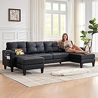 TYBOATLE 116" Black Faux Leather U-Shaped Sectional Sofa with USB Ports, Cup Holders & Chaise Lounges for Living Room