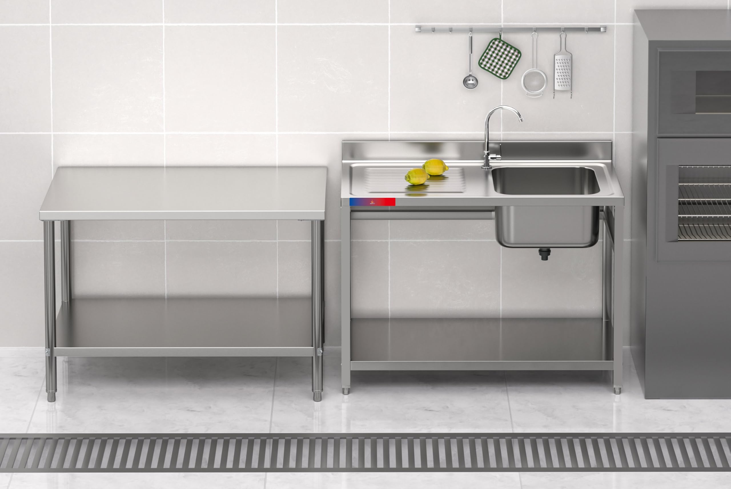 Fregadero Industrial con Balda Acero Inoxidable, 1 Seno con Escurridor, 1200x600x850mm, Barra de Refuerzo y Patas Regulables, Ideal Hostelería y Bares (Izquierda, Grifo monomando codo)