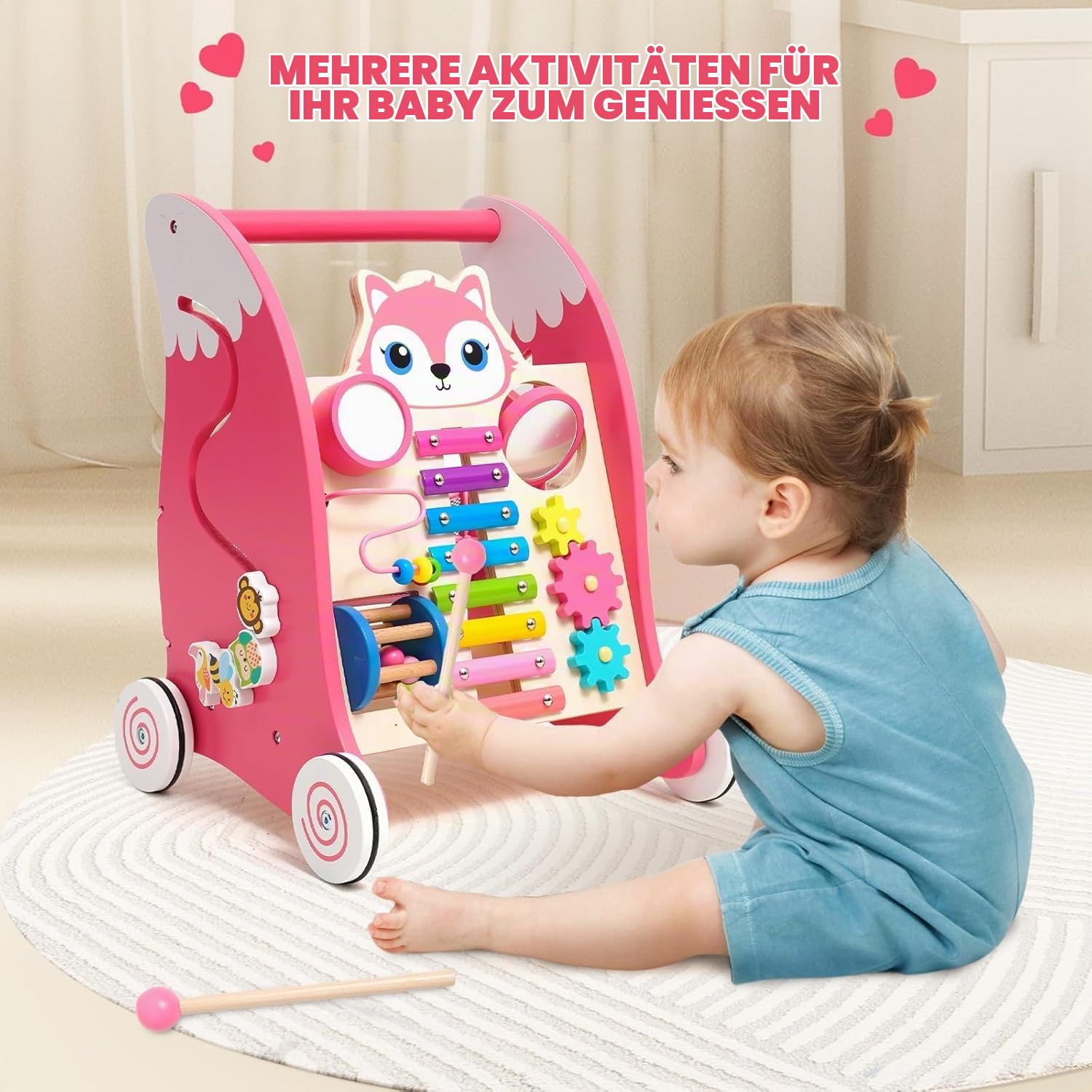 Holz Spielzeug Baby mit Multifunktional Montessori Spielzeug, Lauflernwagen mit Xylophon,Musikinstrumenten & Formenpassspiel.Multifunktionales Aktivitätszentrum für Baby ab 6 Monate Rosa