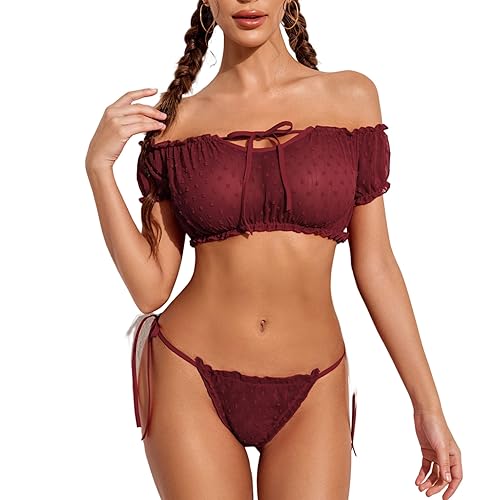 Avidlove Bra and Panty Set Ruffle Lingerie Set Mesh Babydoll Chemise - Medium - Wine Red