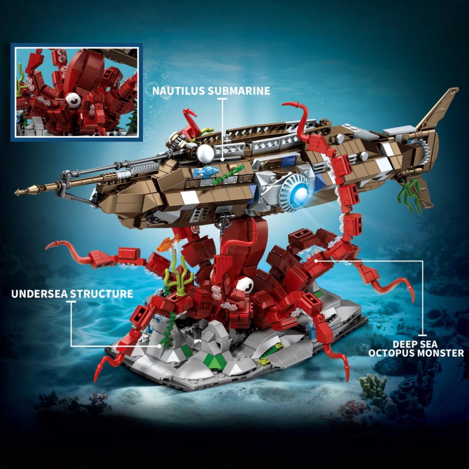Nautilus - Kit de construction sous-marin pour adultes - 1190 pièces - Scène d'aventure sous-marine avec socle géant et sous-marin - Modèle mécanique pour la décoration de la maison - Cadeau pour les