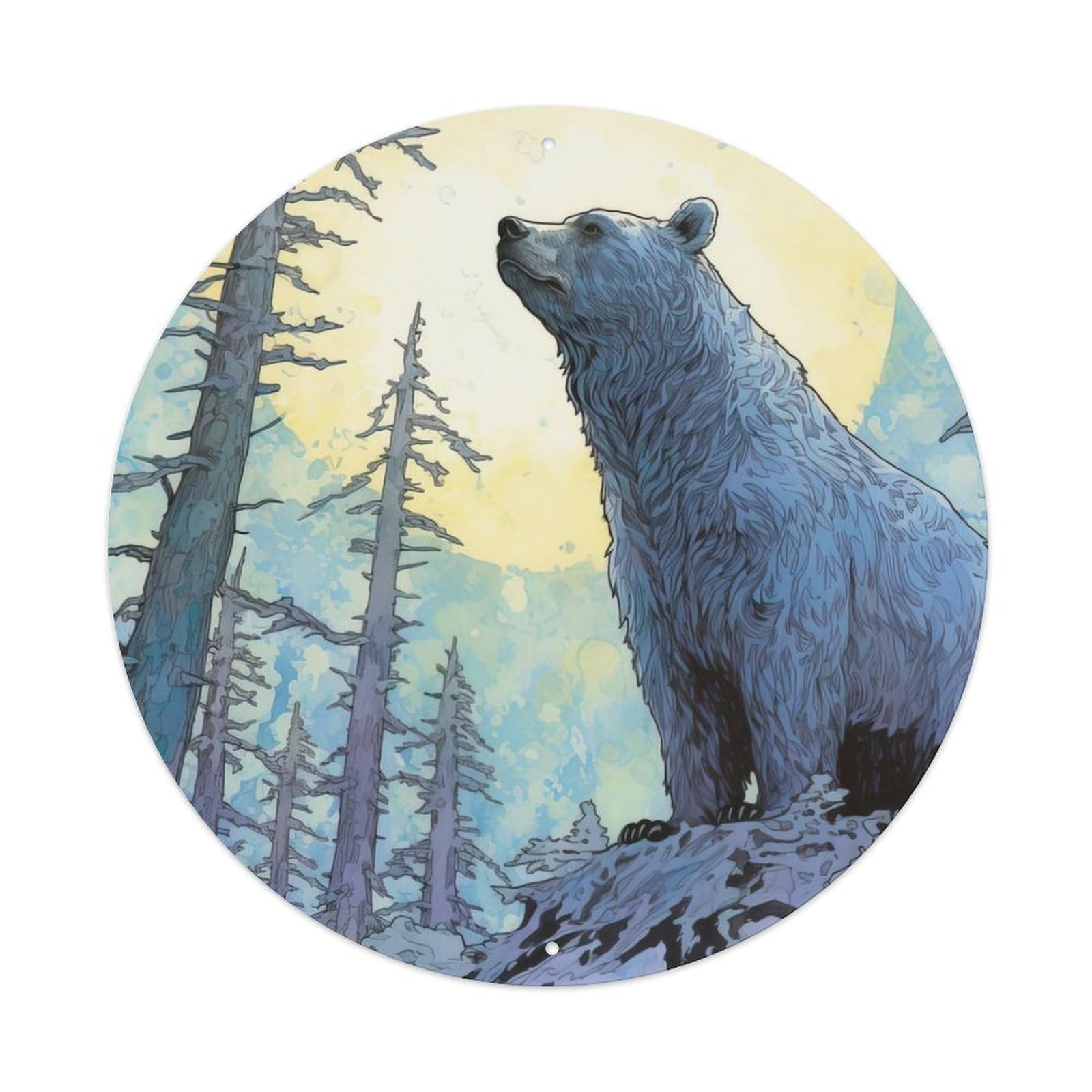 Animal Art Polar Bear in Moonlight Vintage Metal Tin Sign Plaque Wall Decor for Cafe, Club, Garden Round Metal Poster 8x8Inch