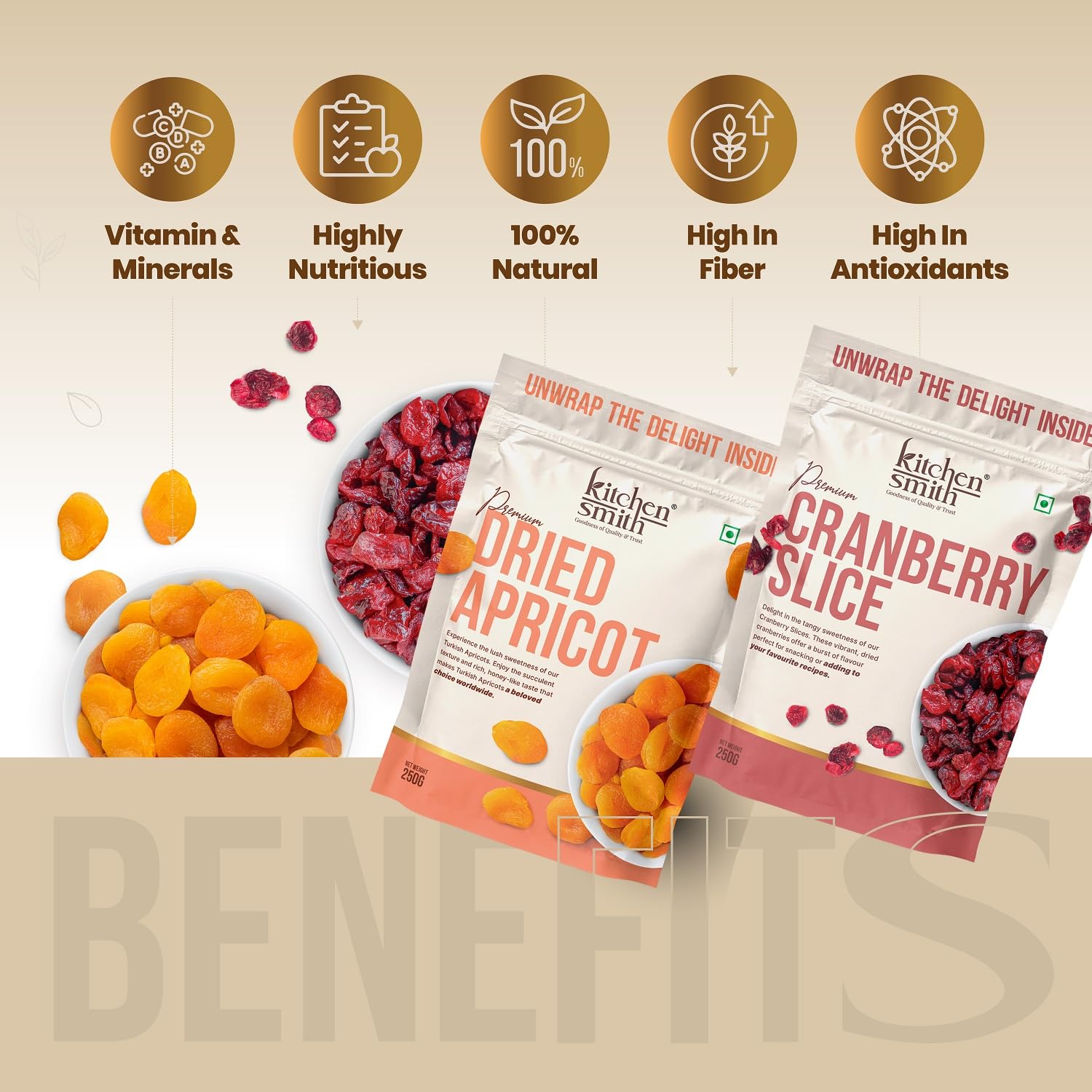 KitchenSmith Premium Dried Apricot & Cranberry Pack of 2 (250gm Each) | A Perfect Blend of Sweet and Tangy Flavors, Packed with Nutrients for a Healthy | Guilt-Free Snack - Image 4 thumbnail