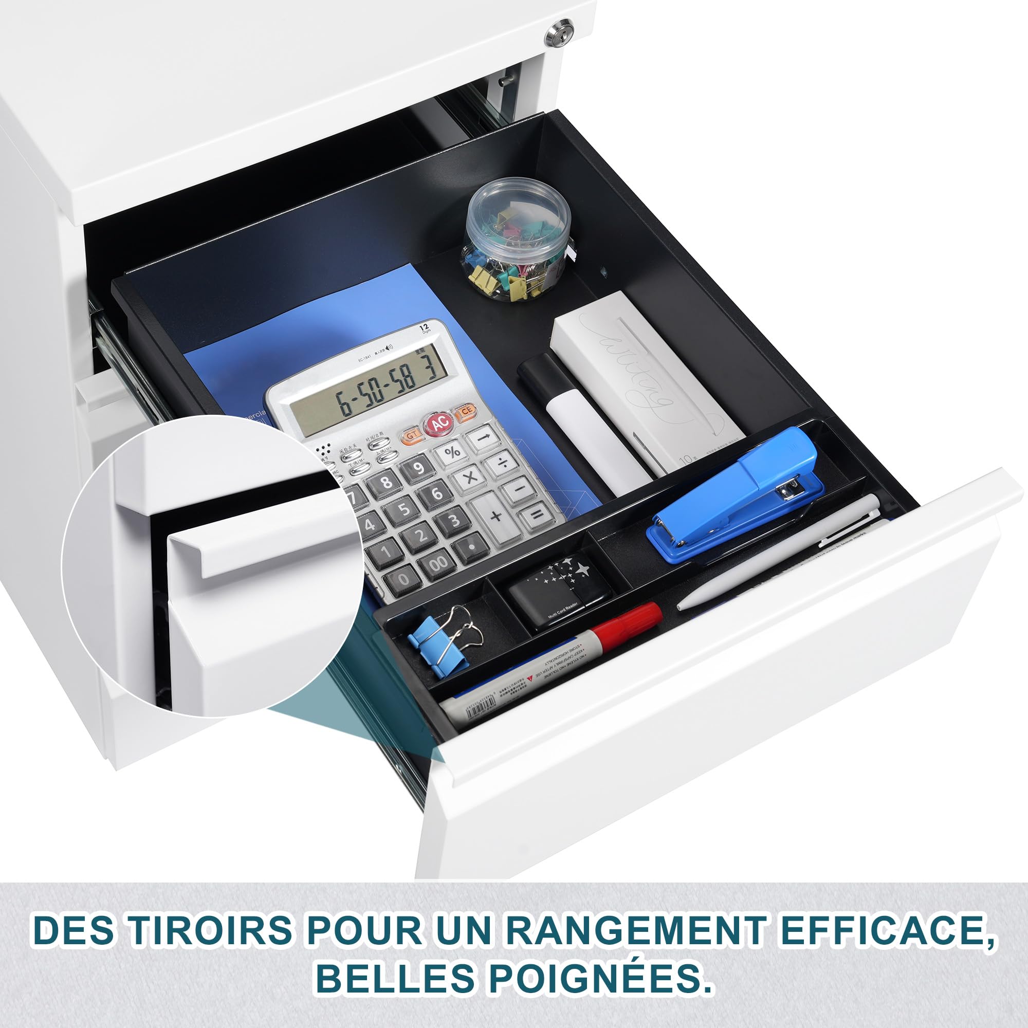Caisson de Bureau Metal, avec roulettes et Serrure, Caisson de Rangement Mobile, Meubles de Bureau, avec 4 Tiroirs, Entièrement Assemblé