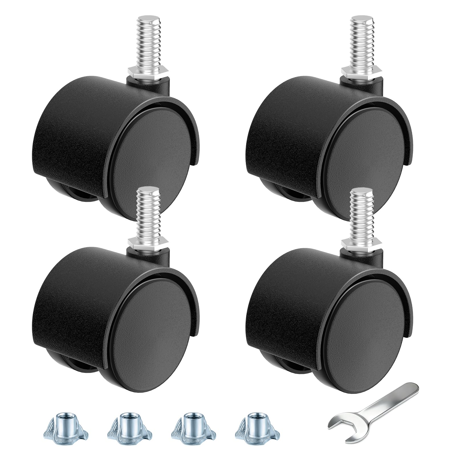 ANDUTEES 2 Inch Furniture Stem Casters Set of 4, Threaded Stem Diameter 5/16" Plastic Caster Wheels, Black Swivel Small Castors with T-Nuts, for Table