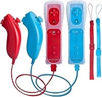 Vista 1 de TechKen Motion Plus Wii Controllers 2Packs with Nunchucks, Wii Remote Controllers Compatible for wii and Wii U with Built in Motion Plus rojo y azul