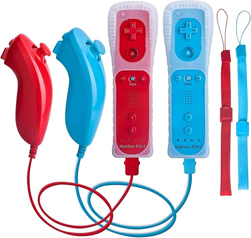 TechKen Motion Plus Wii Controllers 2Packs with Nunchucks, Wii Remote Controllers Compatible for wii and Wii U with Built in Motion Plus rojo y azul