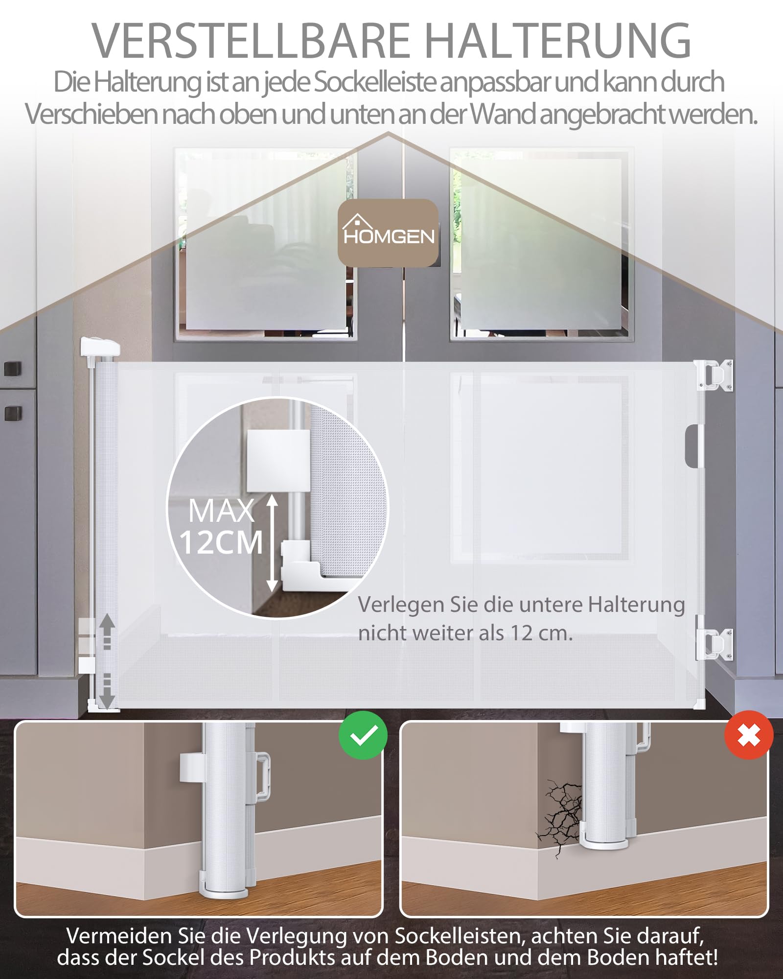 HOMGEN Treppenschutzgitter Türschutzgitter Kindergitter – Ausziehbar 0-300CM, Schutzgitter für Hunde Kinder, Einhandbedienung, Verstellbare Breite, Glasfaserverstärkt, Für Treppen, Türen- Weiß