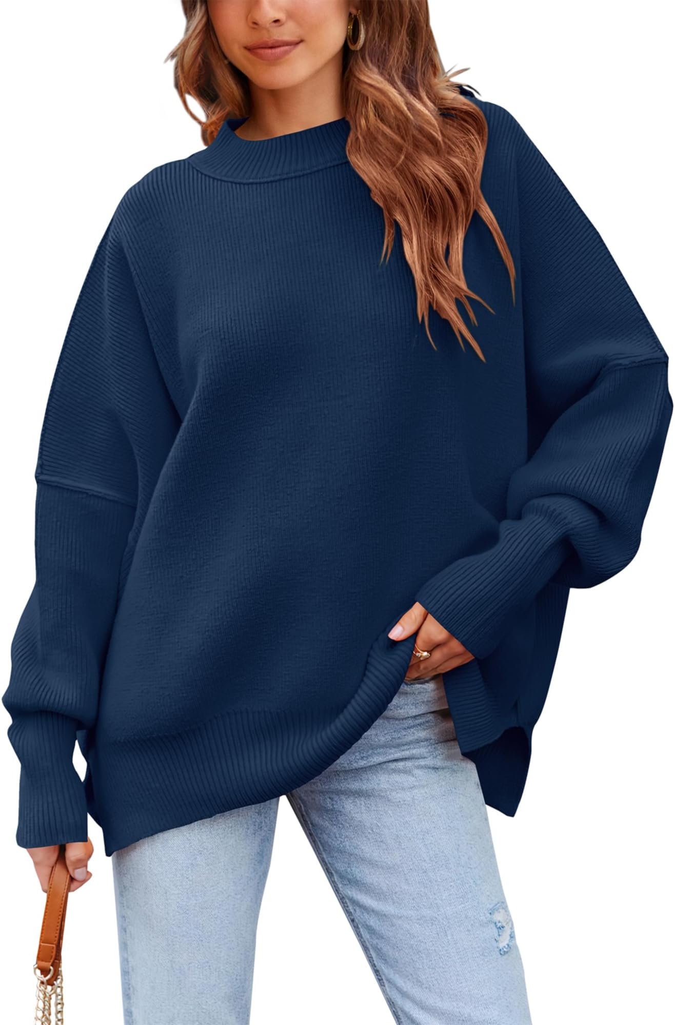 PRETTYGARDENWomen's Oversized Sweater 2024 Casual Fall Crewneck Long Sleeve Loose Side Slit Ribbed Knit Pullover Tops