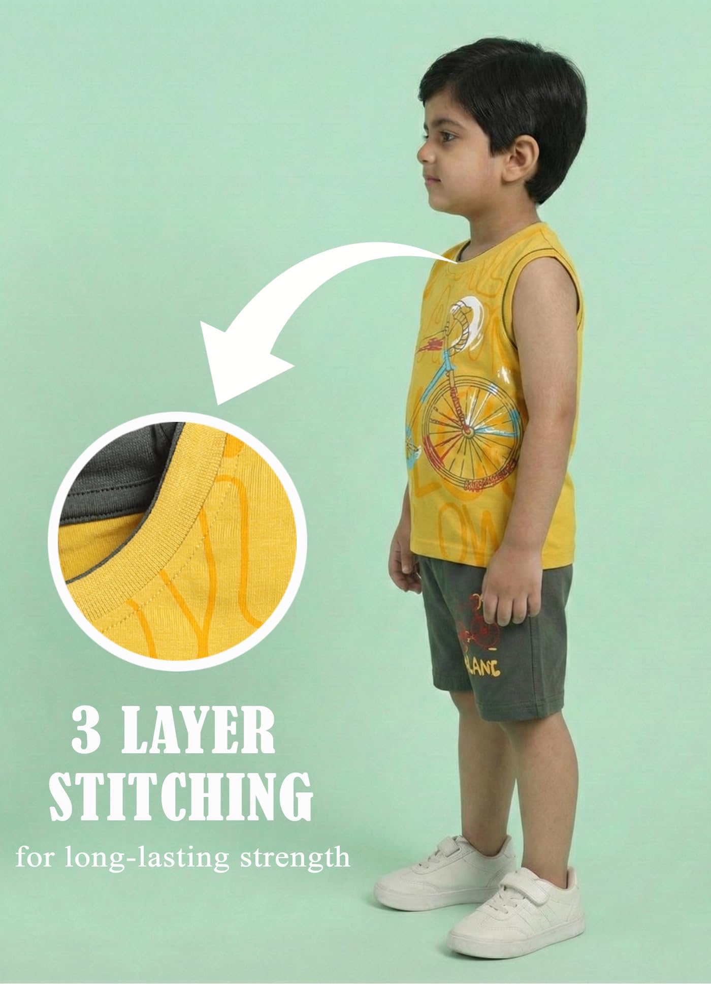 MI Kidz Pure Cotton Sleeveless T-Shirt and Shorts Set for Kids - Pack of 3 1