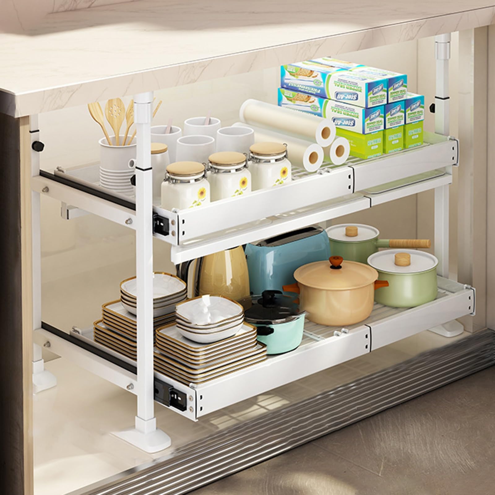 DFGHNBVC Adjustable Metal Spice Rack Under Sink Shelf Nizer With 3 Section Extension Rail Freestanding Storage Shelves For Kitchen Cabinet,W-S