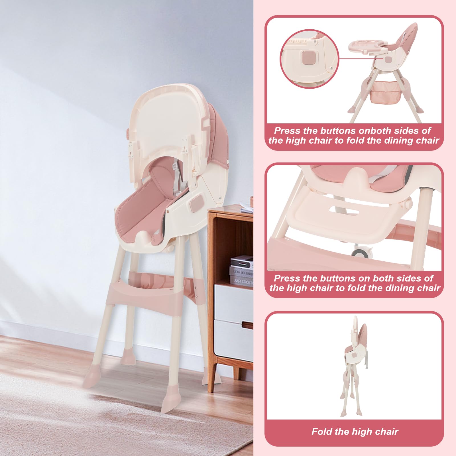 Trona Bebé Evolutiva 3 en 1, Plegable, Reclinable, Doble Bandeja Desmontable, con Ruedas Universales, 3 Respaldos Ajustables y Cinturón de Seguridad de 5 Puntos, Para Bebés a partir de 6 Meses, Rosa