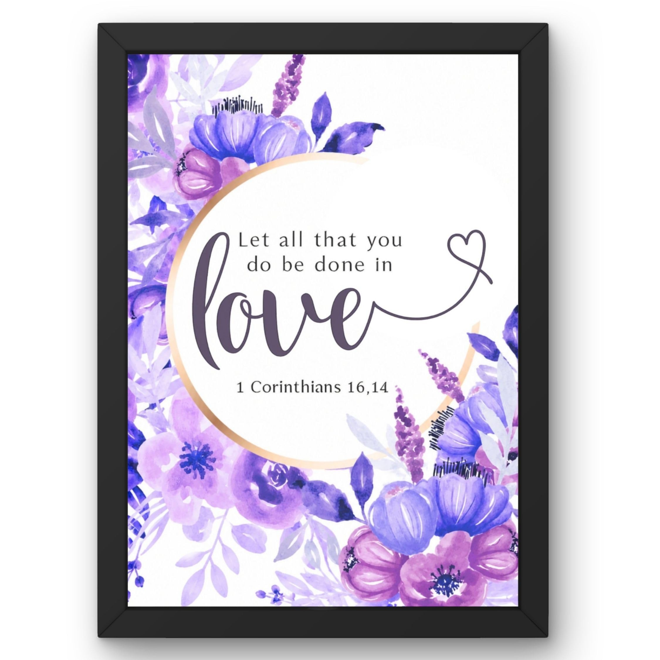 Let All That You Do Be Done in Love - Bible Verse Wall Art – 1 Corinthians 16:14 Christian Floral Print, Purple Watercolor Flowers Inspirational Quote Framed Wall Decor for Living Room, Bedroom, Office & Prayer Room (13.6 x 10.2 Inch)-picture-12