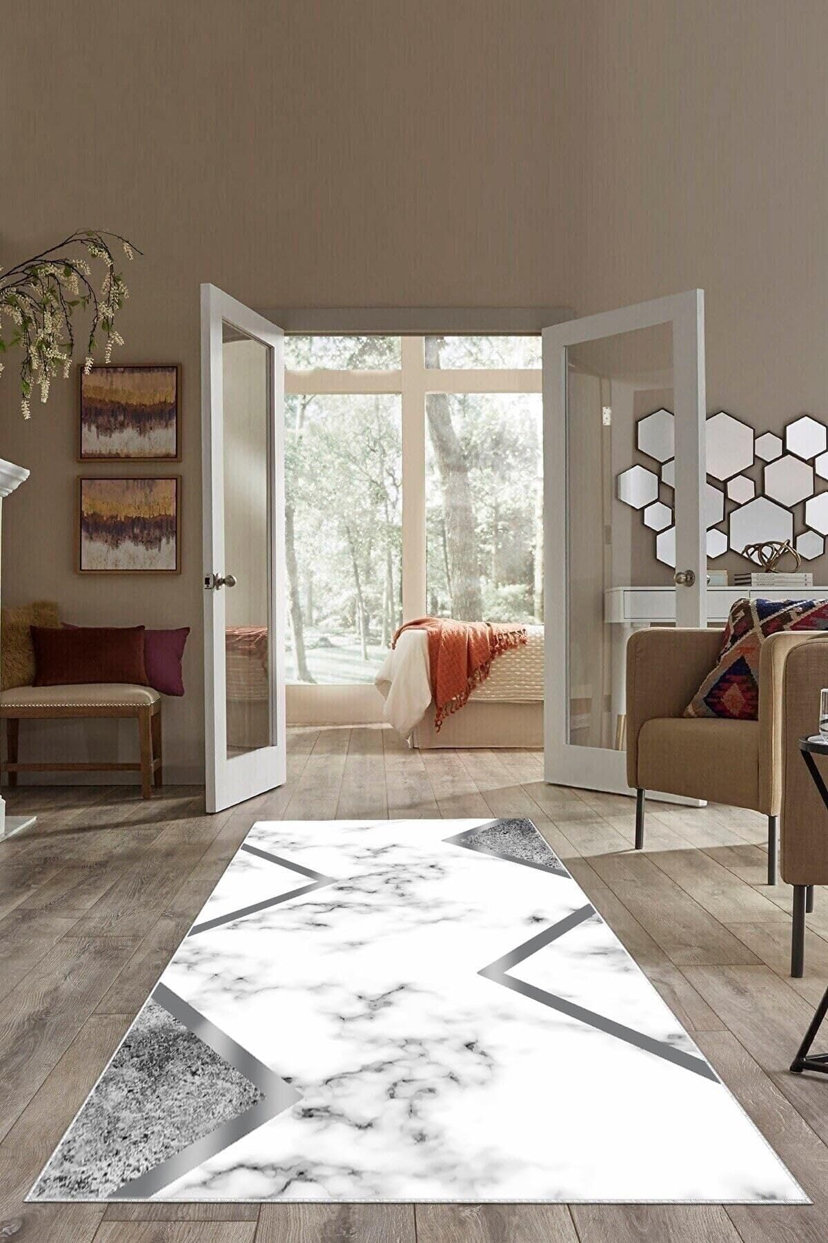 Pelangi Gri Çizgili Mermer Desenli Yıkanabilir Kaymaz Taban Leke Tutmaz Modern Salon Halısı Ve Yolluk, Gri-Beyaz 100 x 400, 74571246100400728