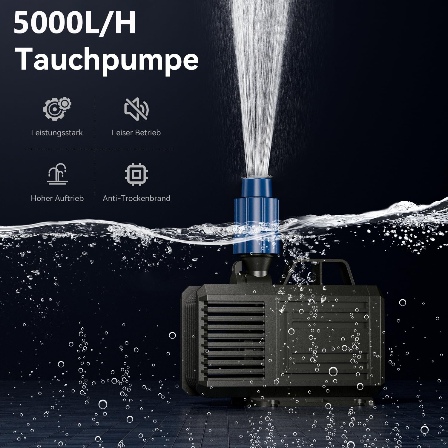 Tauchpumpe 5000L/H (MAX) 100W Wasserpumpe, Amphibisch Teichpumpe, Aquarium Pumpe mit 2 Düse, Springbrunnenpumpe für Teiche, Steingärten, Garten, Bachlaufpumpe Max Förderhöhe 4.2m