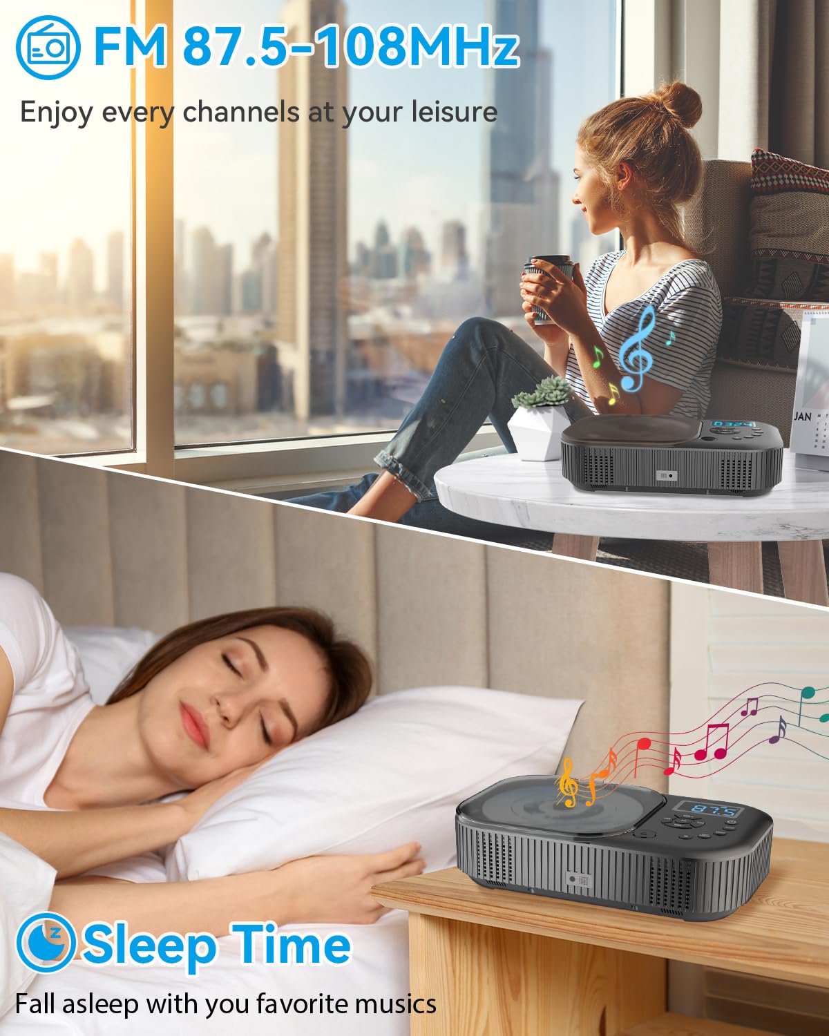 MONODEAL CD Player Tragbar mit Radio FM, Wiederaufladbar CD Player Bluetooth mit Lautsprecher, Unterstützung AUX/USB, Sleep Timer-MD318