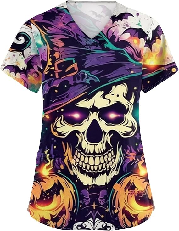 OIOLOYJM Printed Scrub Tops Women Short Sleeve V Neck Plus Size Scrubs for Womens Nursing Uniforms Shirts with Pockets