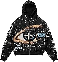 BEAUDRM Men's Y2K Graphic Zip-Up Hoodie Sweatshirt - Drawstring Long Sleeve Loose Fit Fall Jacket