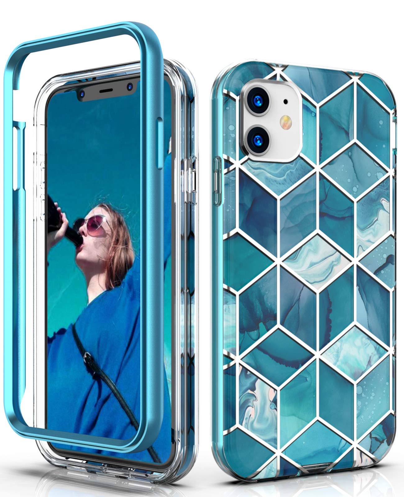 Hasaky Case for Apple iPhone 11 Case 6.1 Inch,Dual Layer Hybrid Bumper Clear Cute Navy Blue Marble Design Soft TPU+Hard Back Heavy Duty Anti-Scratch Shockproof Protective Phone Case - Blue/Marble.