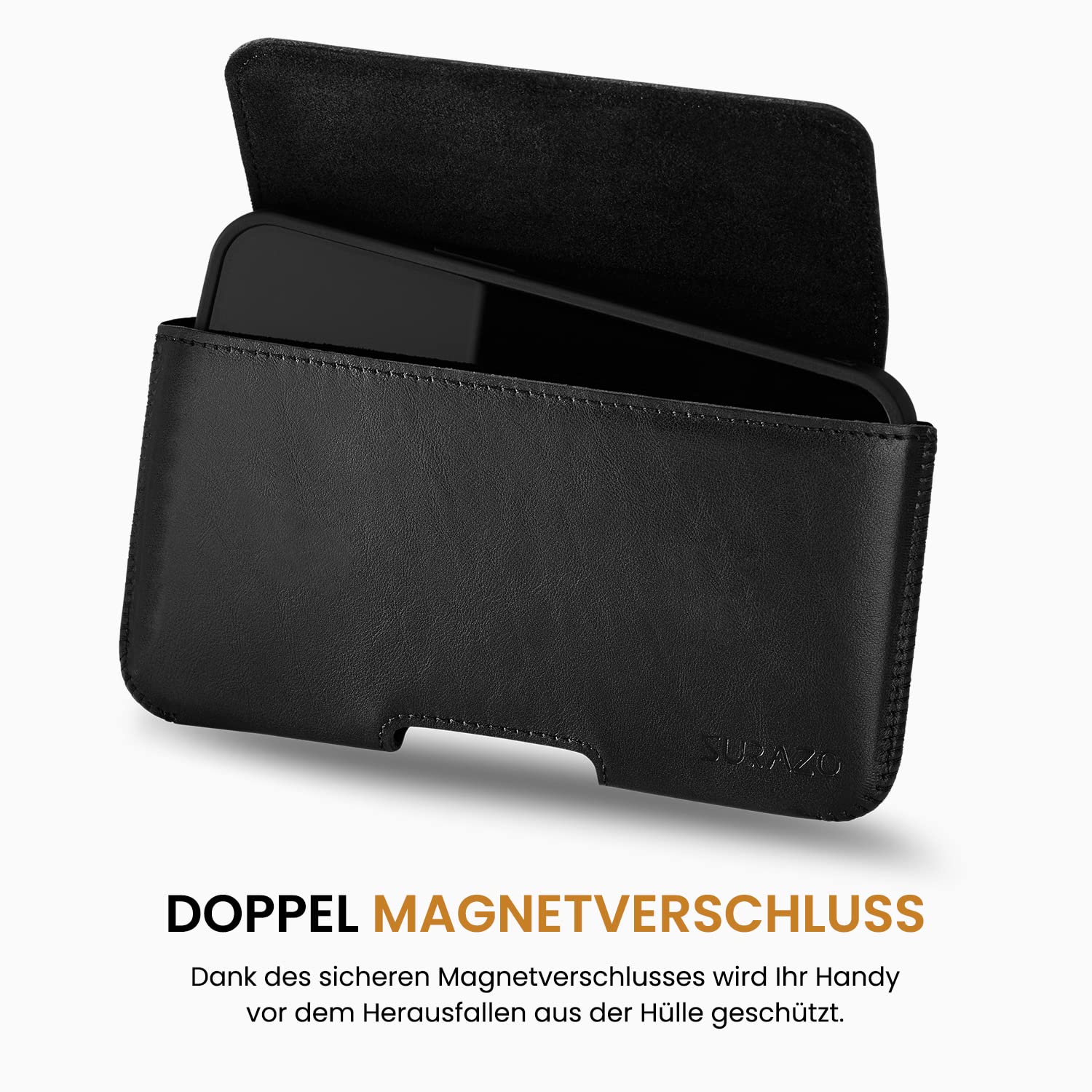 SURAZO Premium 100% Echtleder Gürteltasche für Apple iPhone 16 Pro Tasche Leder – Horizontale Handytasche Holster [Vollleder Handyhülle] [Gürtelschlaufe] Handy Gürtel Hülle Case Lederhülle Schwarz