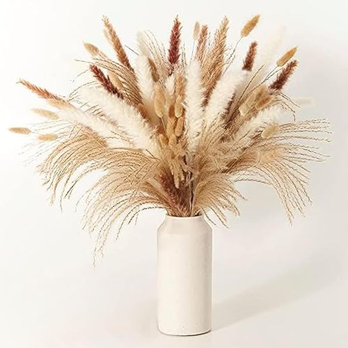 80 piezas de decoración de hierba de las pampas con colas de conejo, flores secas bohemias, ramo de hierba de caña para decoración de mesa de boda,