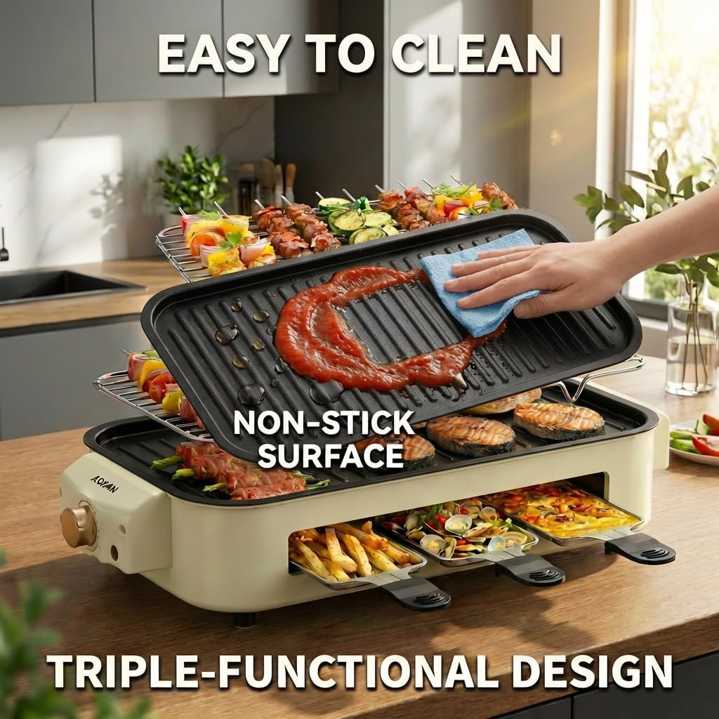 5-in-1 Electric Grill, 1700W High Power BBQ Grill, Indoor Outdoor Portable Grill with Removable Plate, Precise Temp Control, Easy Clean, Includes Clips & Sponge, White/Black/Red (red)