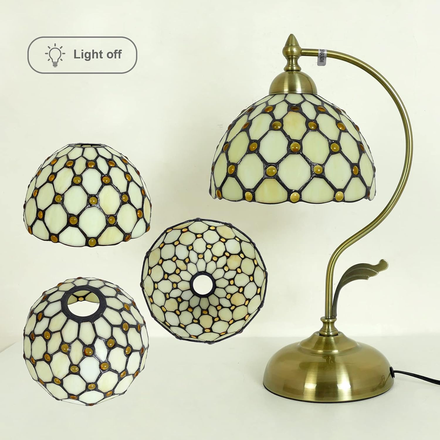 Beige Beaded Tiffany Table Lamp, 7.9" Wide 17.3" Tall Handmade Stained Glass Reading Lamp with Antique Brass Curved Base, LED Bulb Included, Vintage Desk Lamp for Bedroom Living Room Office Decor