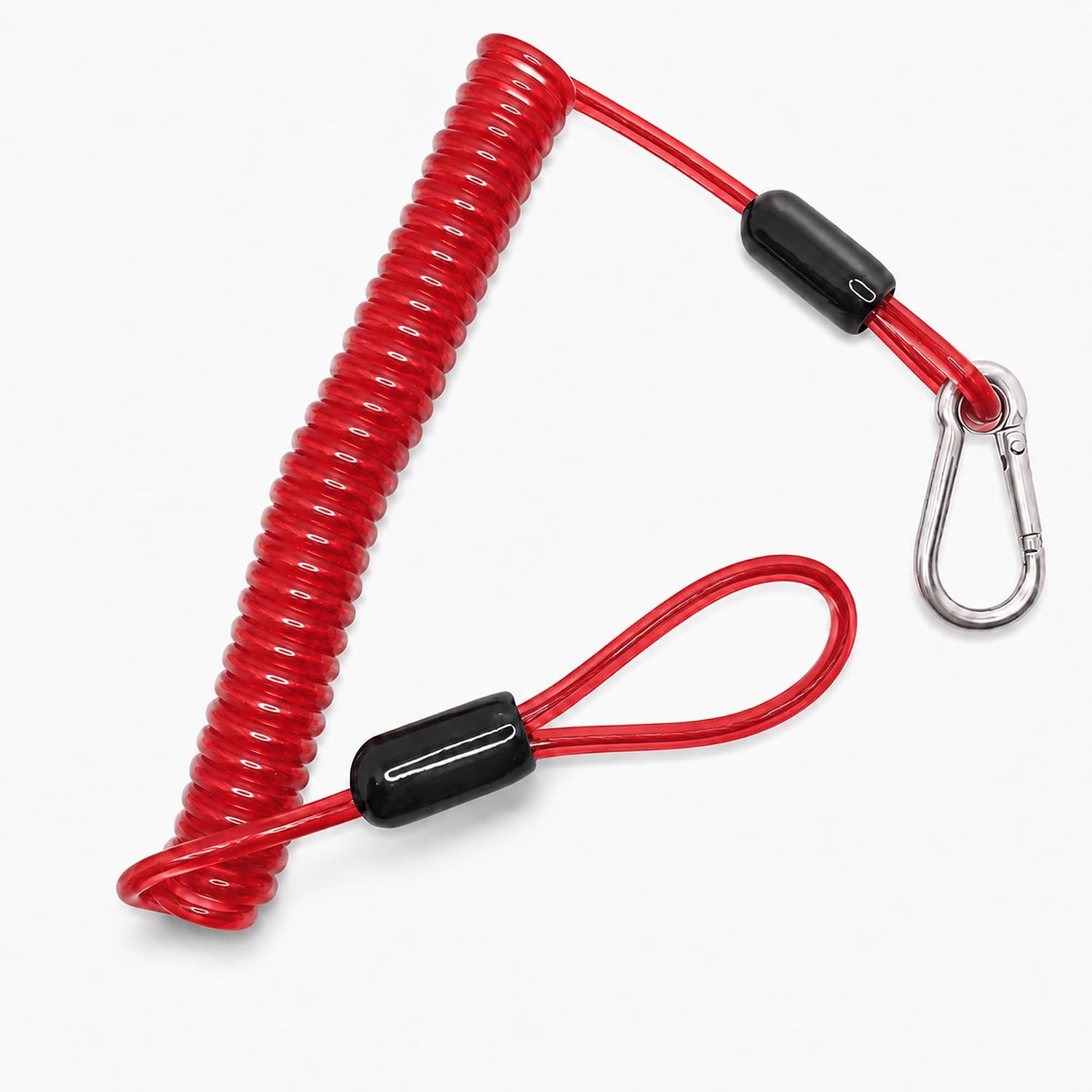 1pc Coiled Fishing Lanyard with Carabiner, Steel Wire Tether 4.7"-59" (RED)