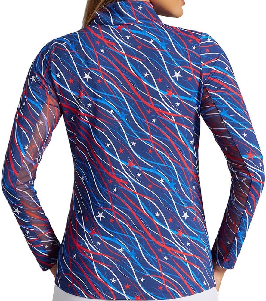 IBKUL Athleisure Wear Sun Protective UPF 50+ Icefil Cooling-Patriotic Confetti Print Long Sleeve Mock Neck Top-10091