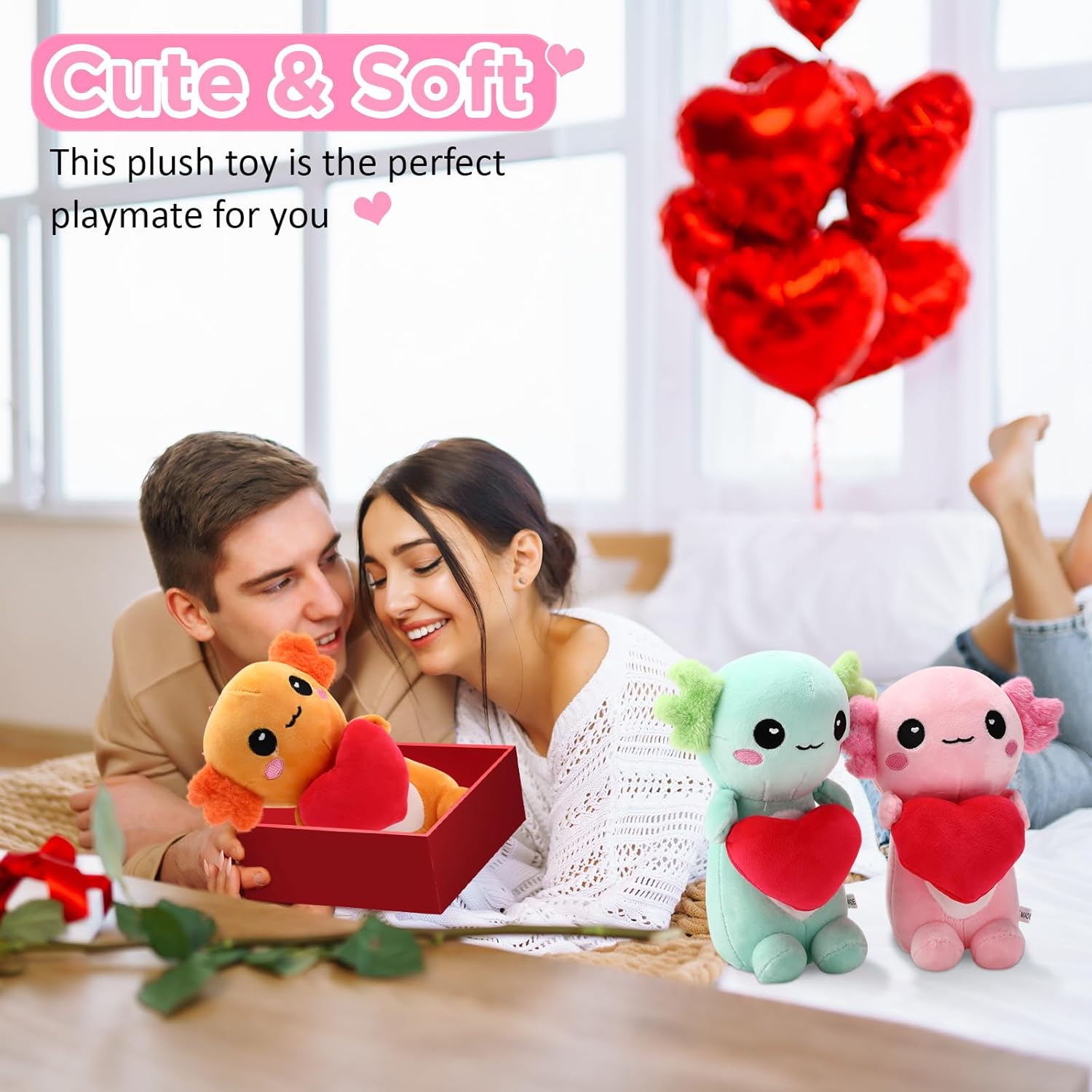 4 Pcs Valentines Day Love Stuffed Animal Plush Gift, 9.8 Inch Axolotl Stuffed Plush, Animal Love Toys with Holding Heart Sweet Romantic Valentines Hugging Gift for Couples Wife Husband