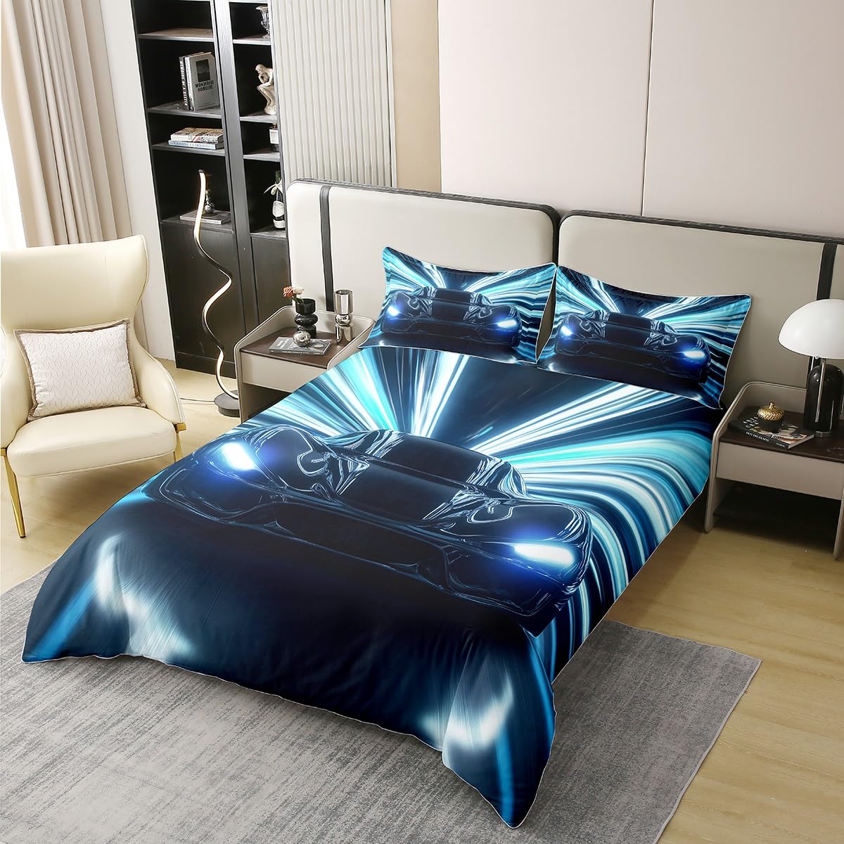 jejeloiu Race Car Duvet Cover 100% Cotton,Speed Sports Car Bedspread Cover for Home Living Room Decor,Reversible Extreme Sports Cool Automobile Blue Decorative Bedspread Cover,Queen Size
