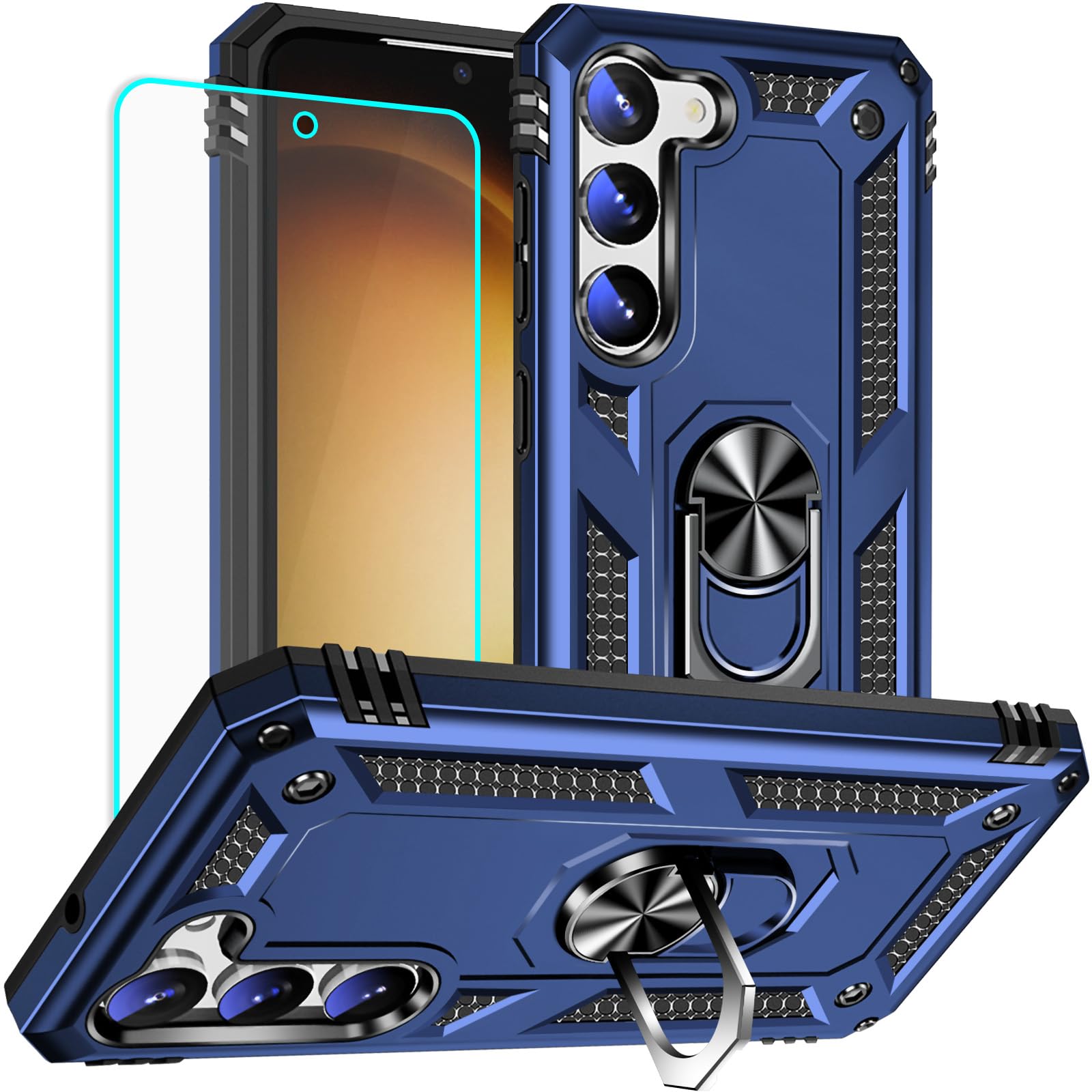 Yiakeng for Samsung Galaxy S23 Case with Screen Protector:[Military Grade Drop Tested] Ring Holder Kickstand Shockproof Anti-Slip Protective Phone Case for Galaxy S23 -Blue