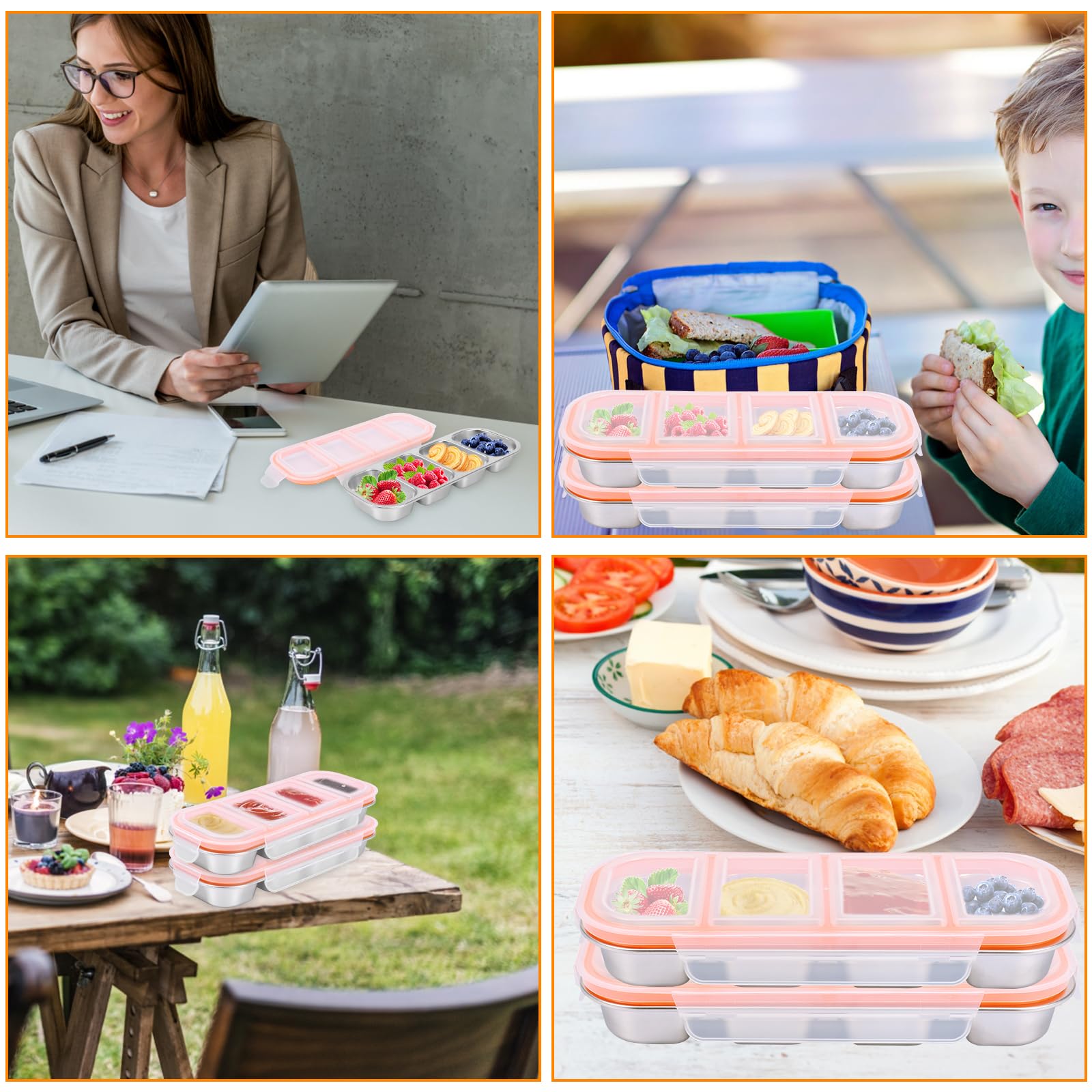 2 Stück Snackbox mit Fächern, Snackteller aus Edelstahl, Snackschale mit Deckel,Luftdichte & auslaufsicher, Unterteilte Snackdose, BPA-frei mikrowellengeeignet & Spülmaschinenfest(4 Fächern)