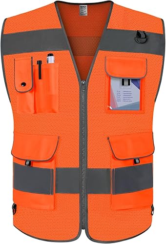 Miniatura 18 de TCCFCCT Chaleco de seguridad azul para hombres y mujeres, chaleco reflectante de alta visibilidad con 9 bolsillos para seguridad, chaleco de trabajo